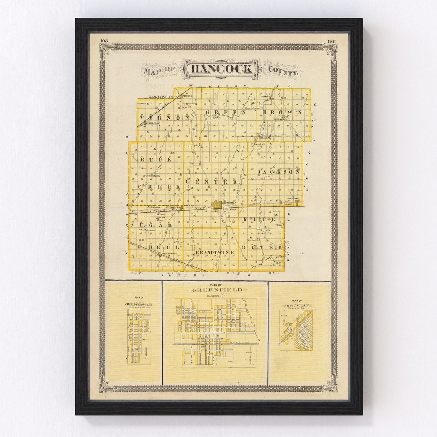 Vintage map of Hancock County, Indiana, 1876
