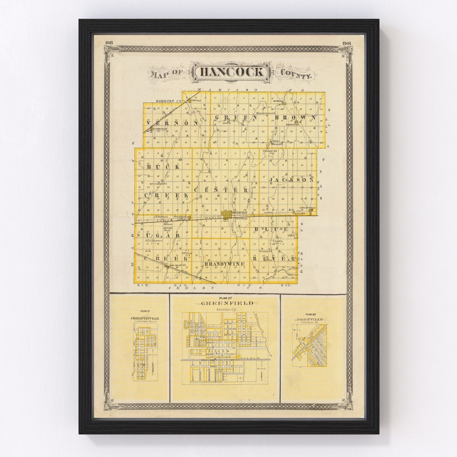 Vintage map of Hancock County, Indiana, 1876