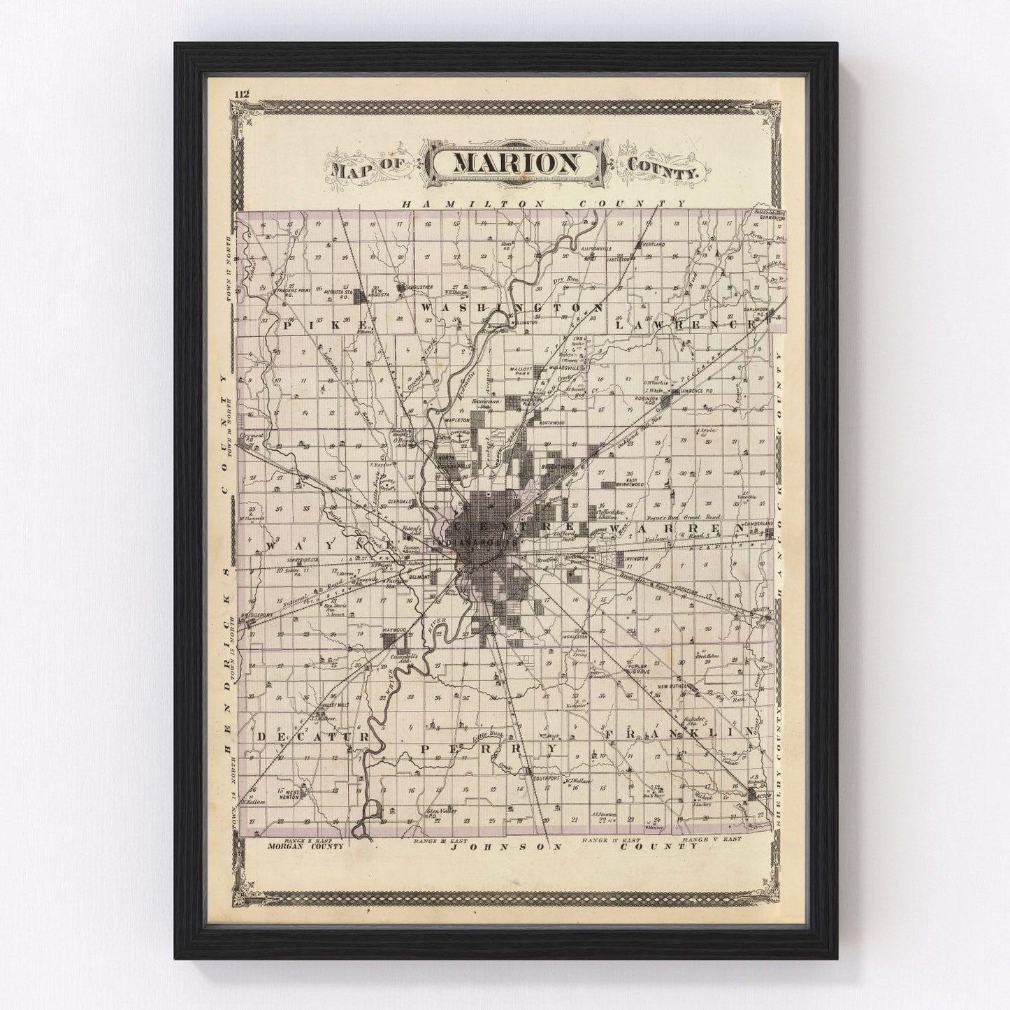 vintage map of Marion County, Indiana, Indianapolis, 1876