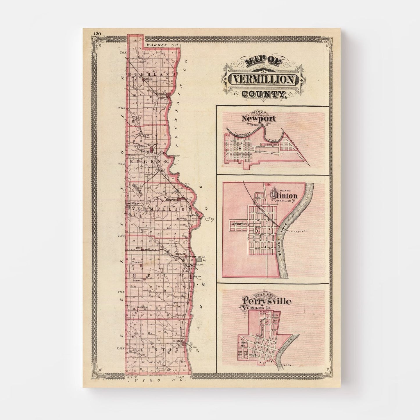 Vintage Map of Vermillion County, Indiana, 1876