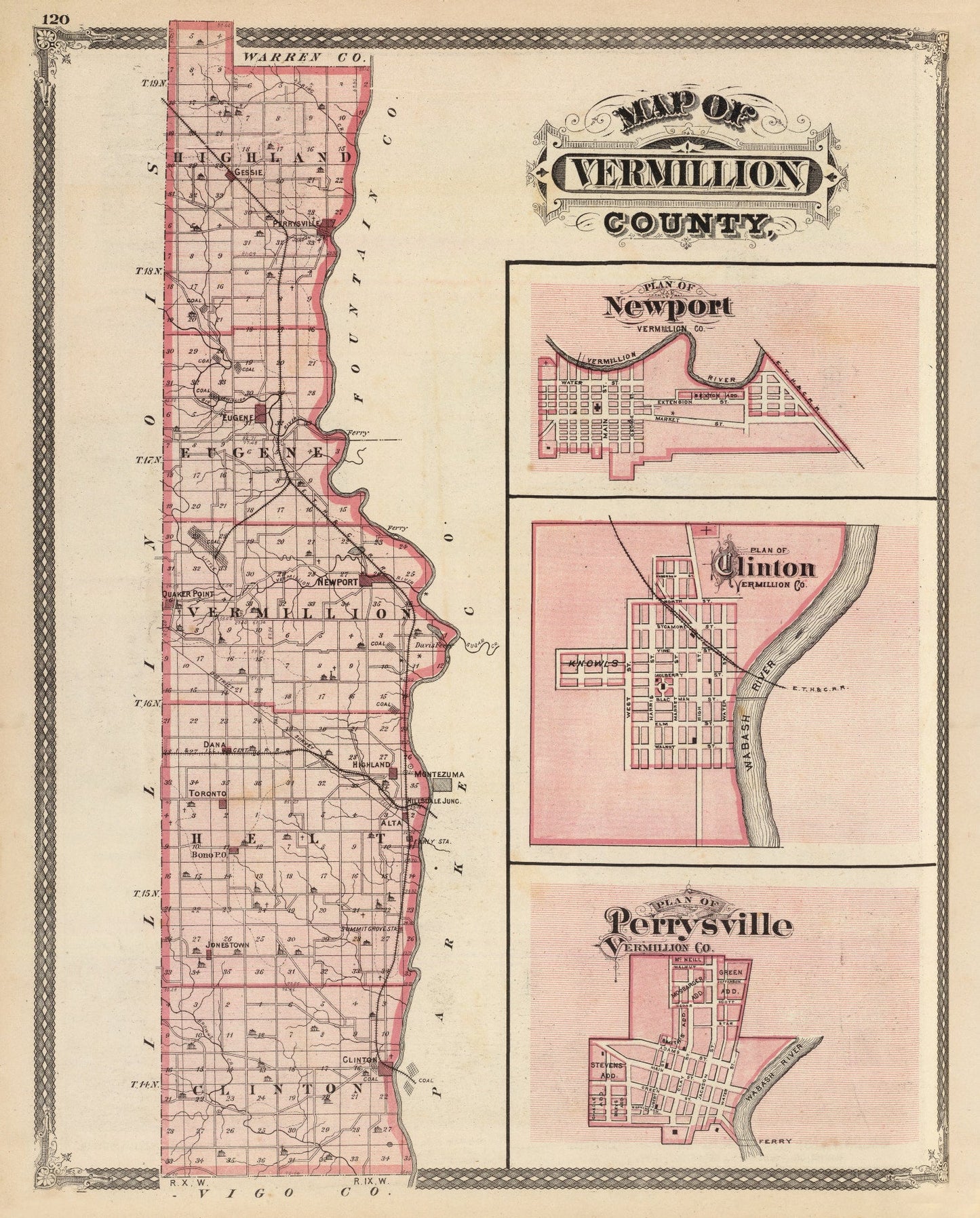 Vintage Map of Vermillion County, Indiana, 1876
