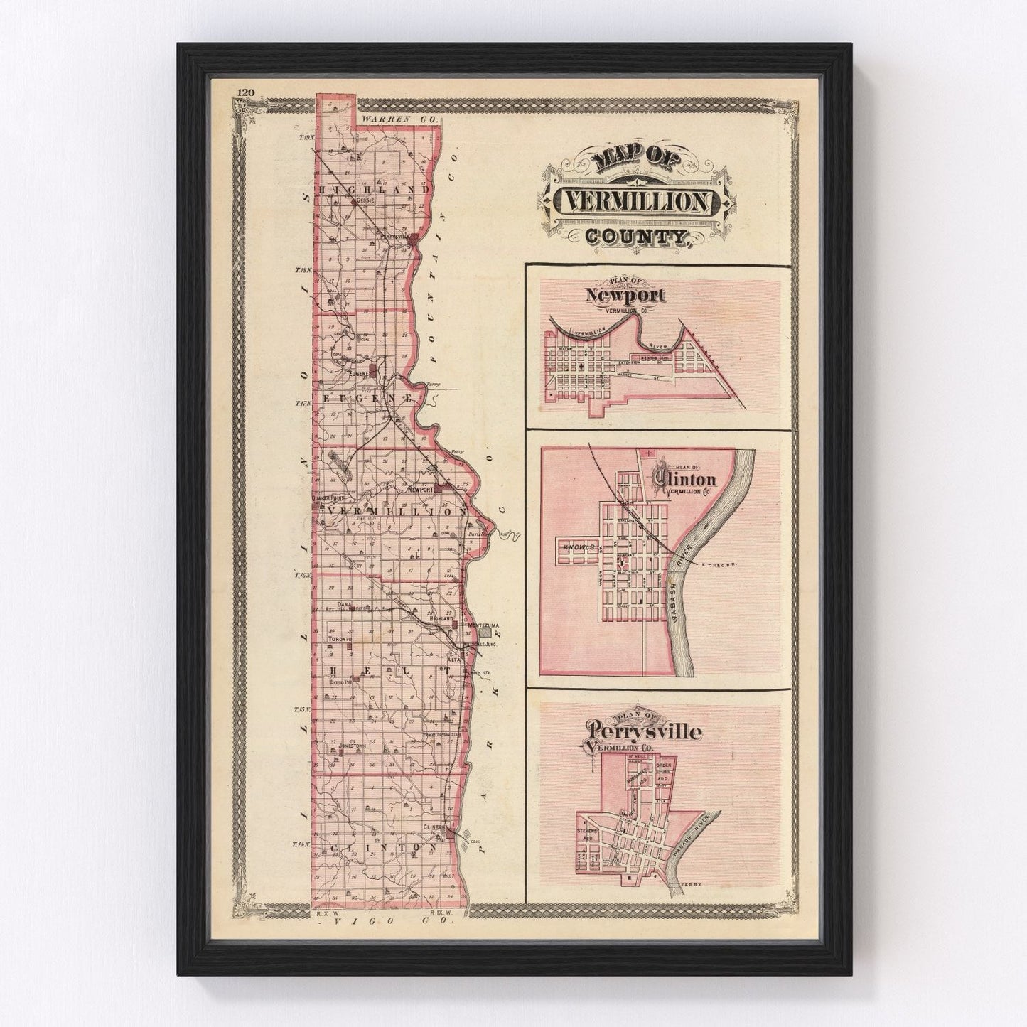 Vintage map of Vermillion County, Indiana, 1876