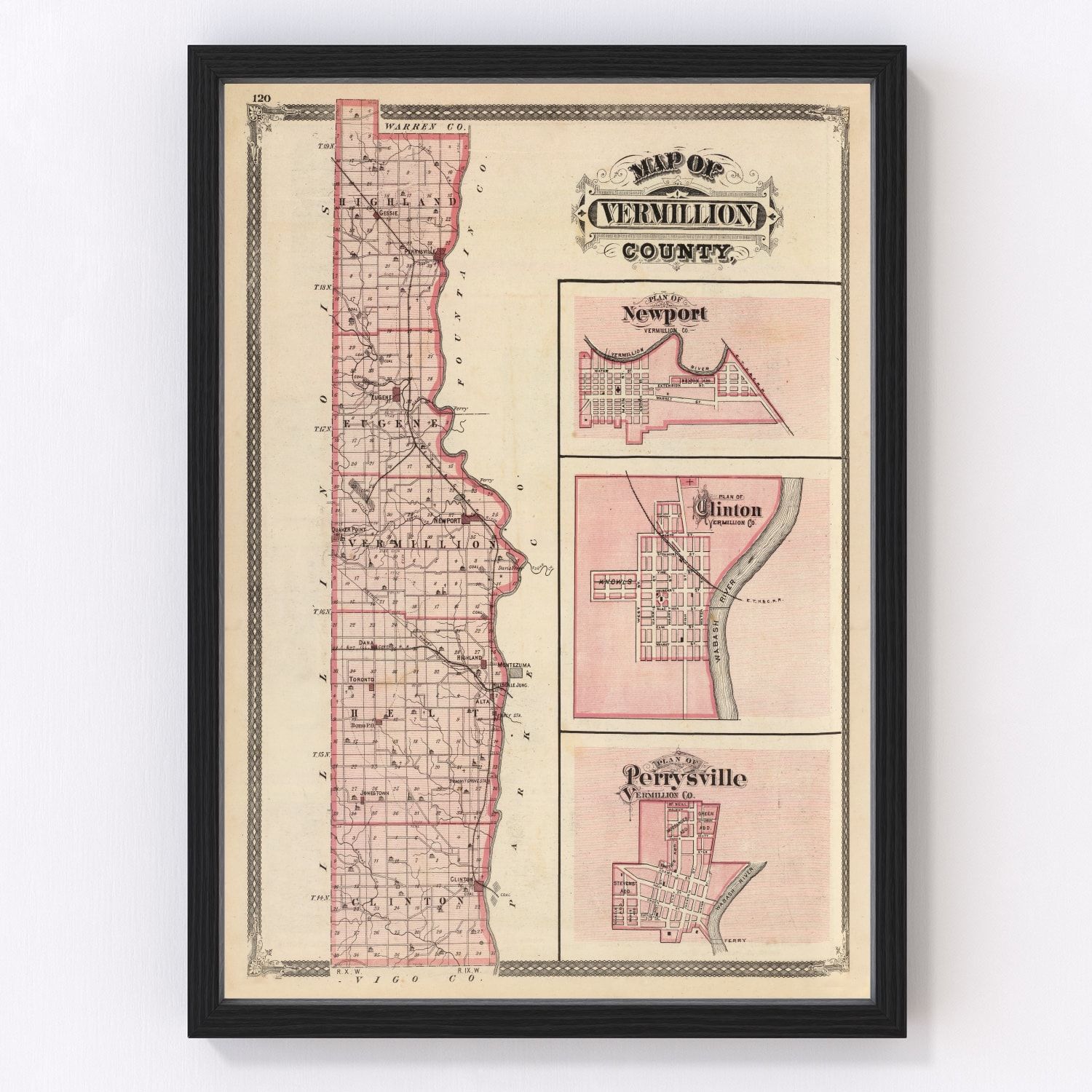 Vintage map of Vermillion County, Indiana, 1876