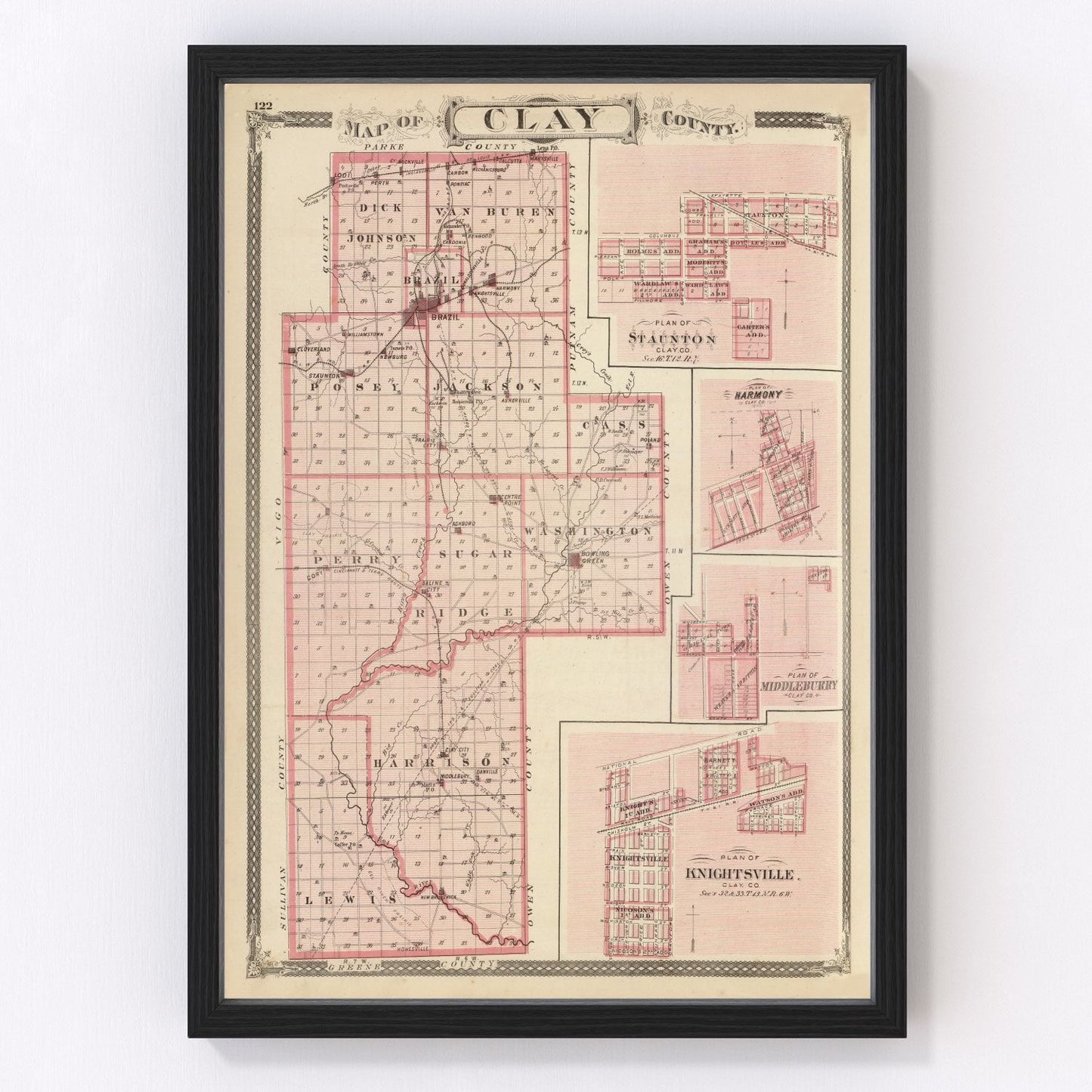 Vintage map of Clay County, Indiana, 1876