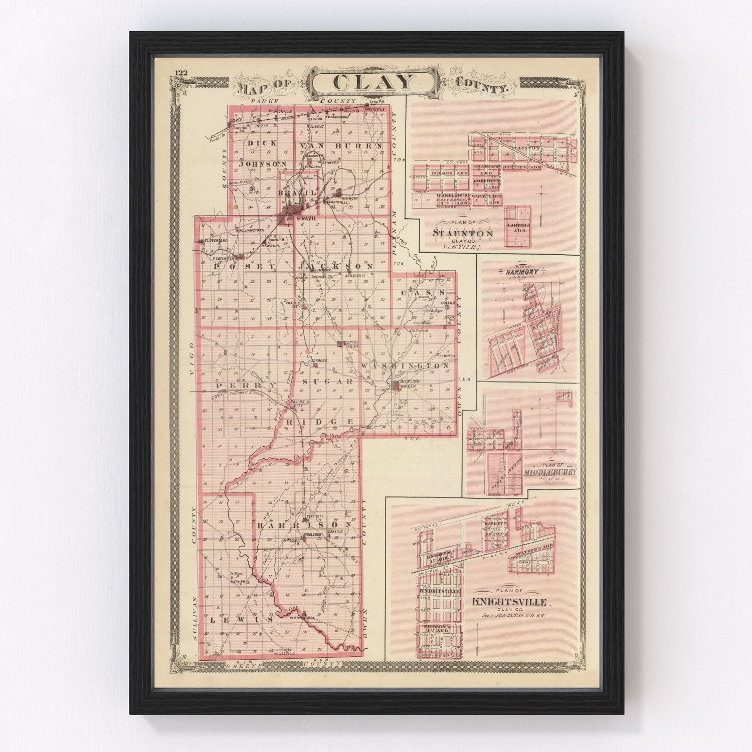 Vintage map of Clay County, Indiana, 1876