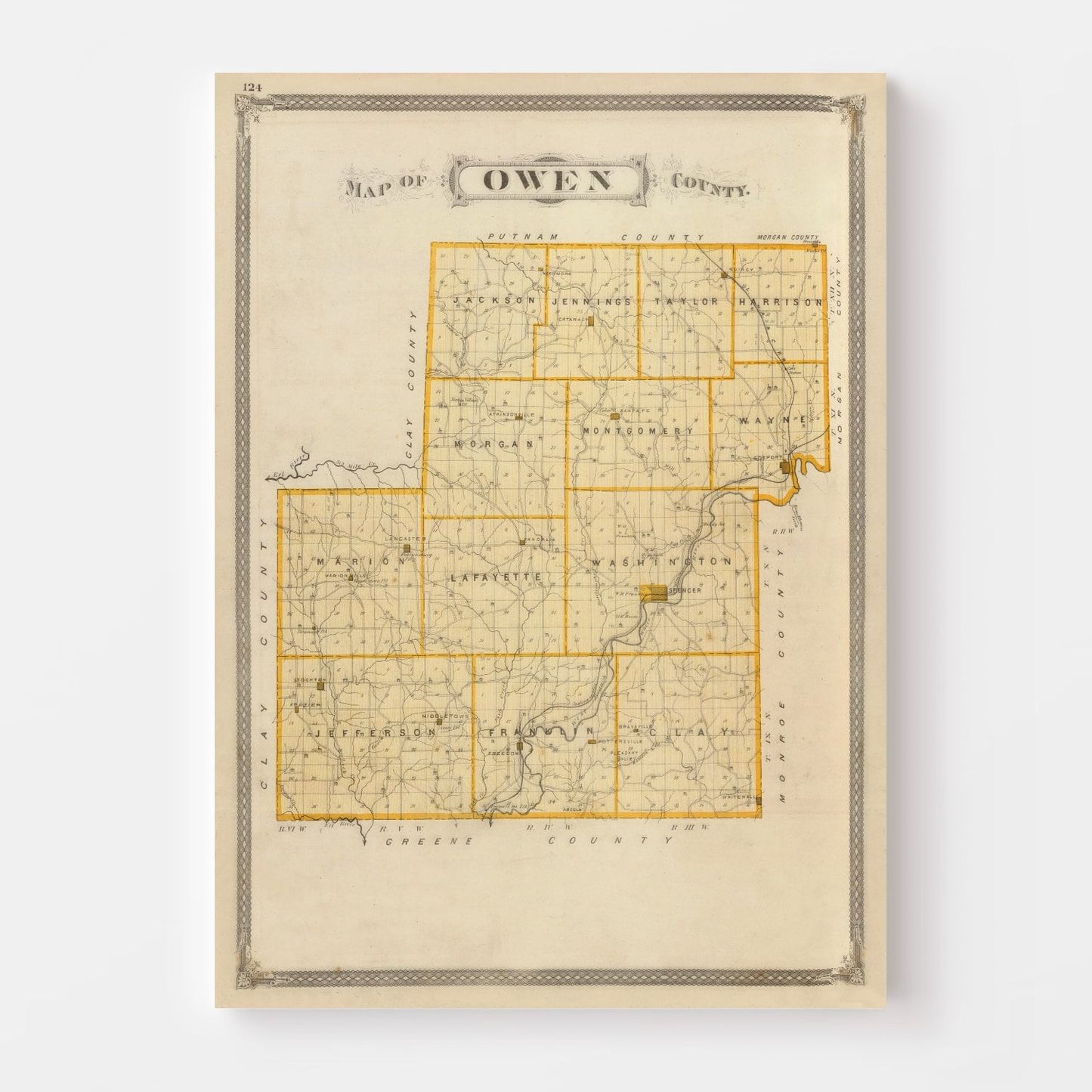 Vintage Map of Owen County, Indiana, 1876