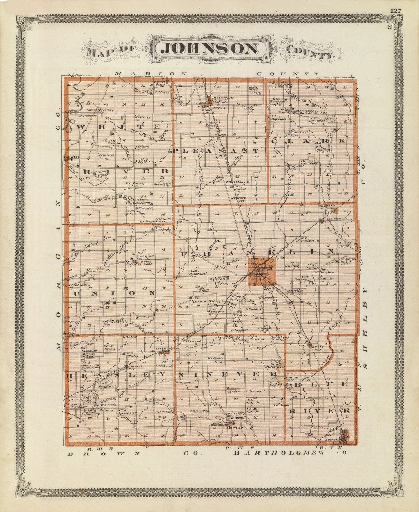 Vintage Map of Johnson County, Indiana, 1876