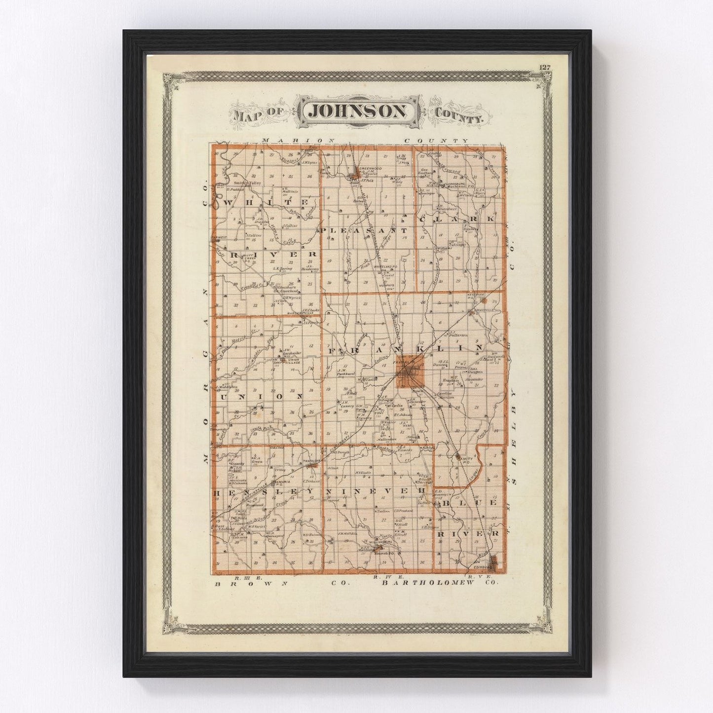 Vintage map of Johnson County, Indiana, 1876