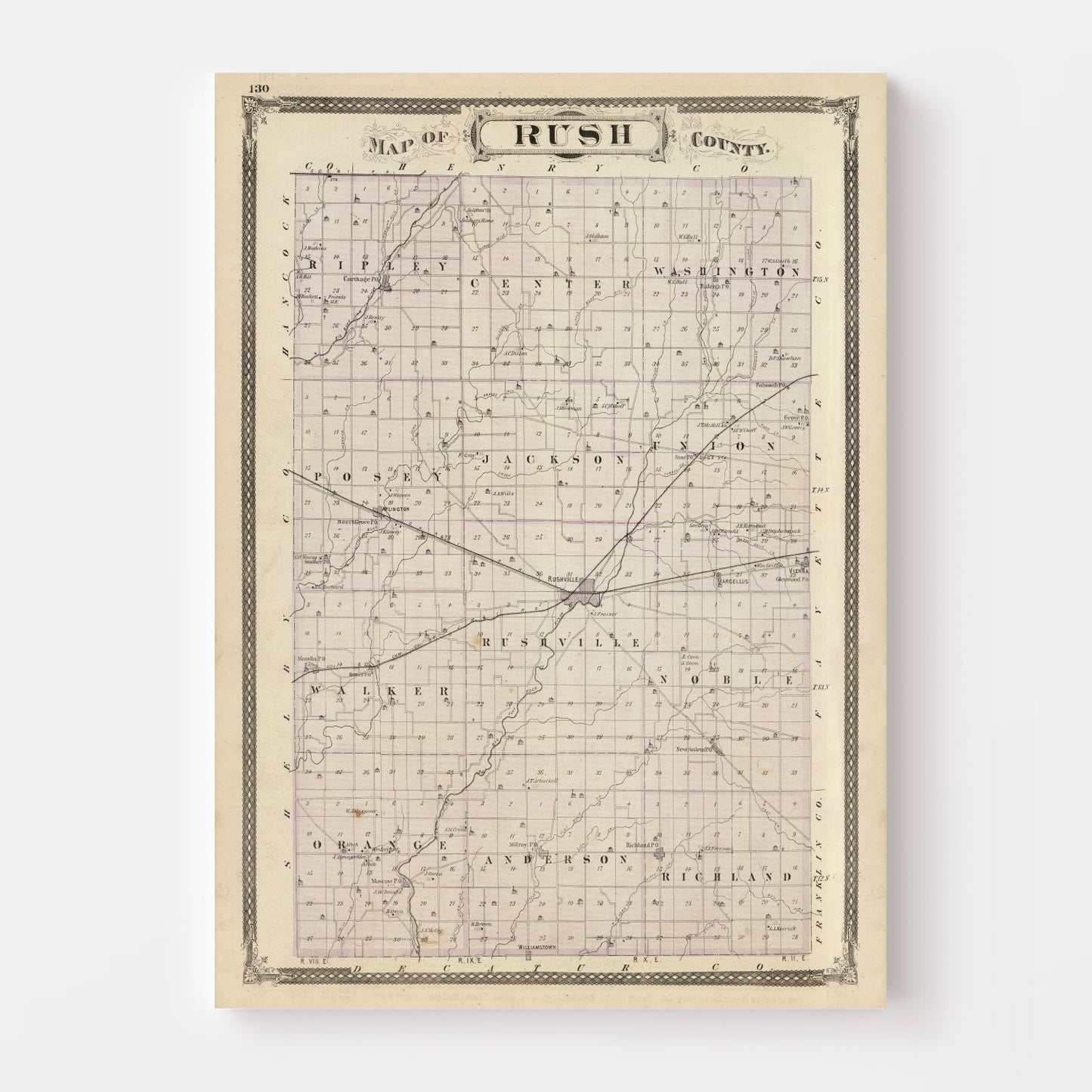 Vintage Map of Rush County, Indiana, 1876