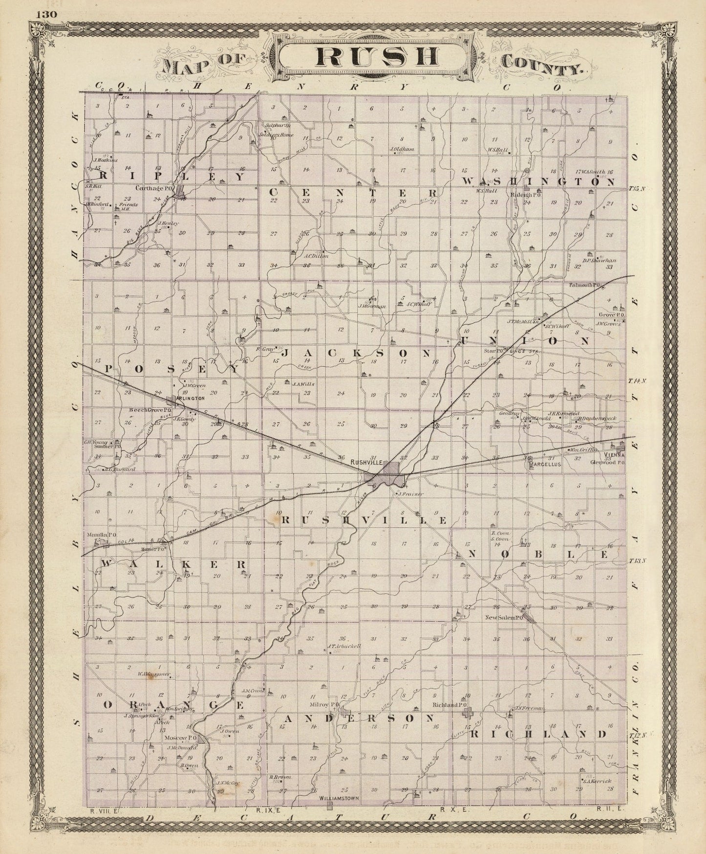 Vintage Map of Rush County, Indiana, 1876