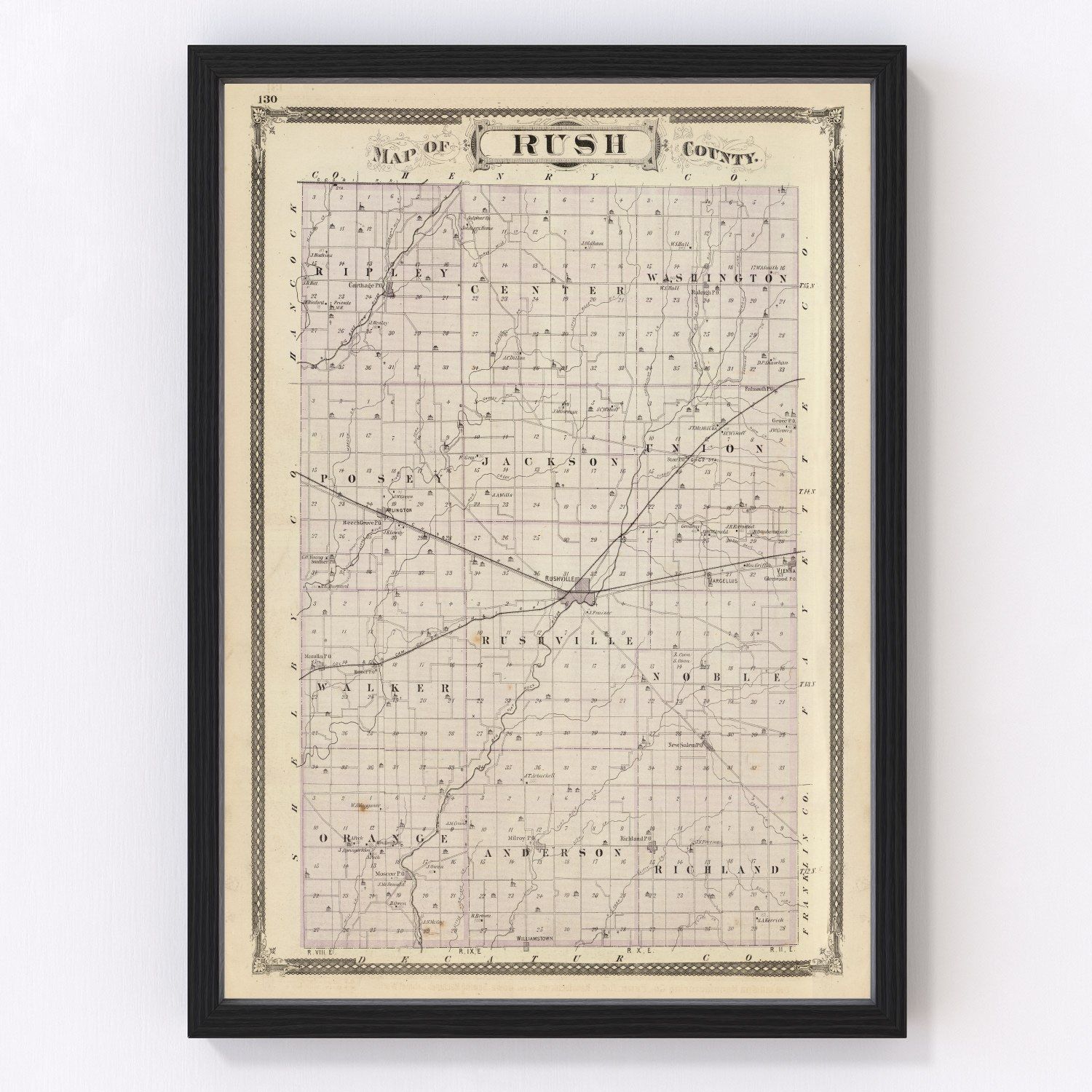 vintage map of Rush County, Indiana, 1876