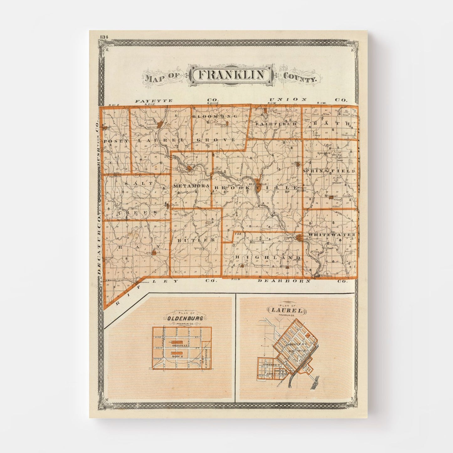 Vintage Map of Franklin County, Indiana, 1876