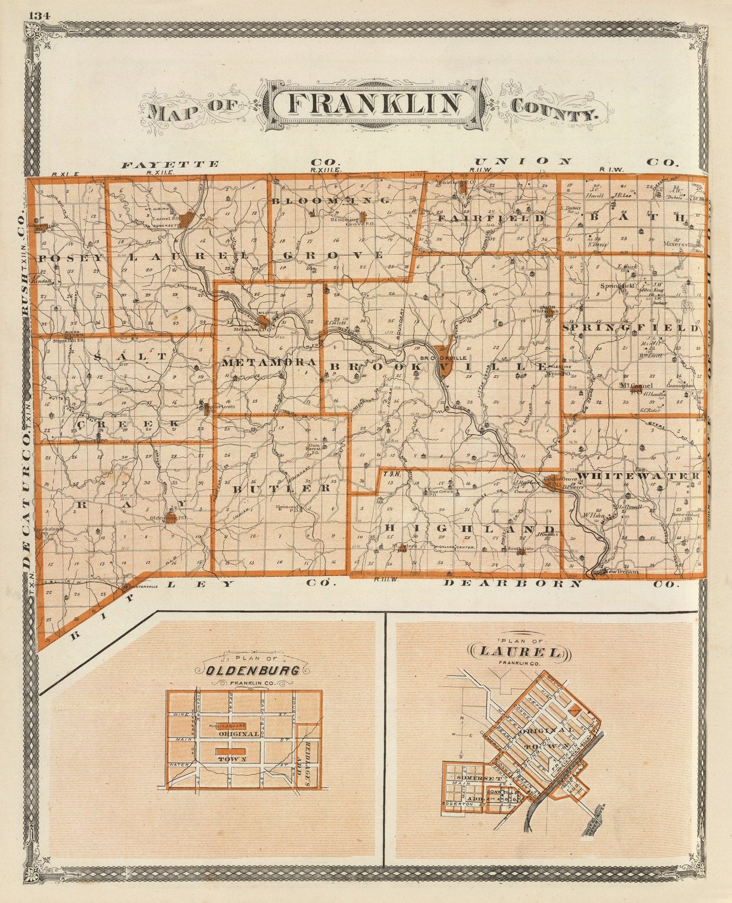 Vintage Map of Franklin County, Indiana, 1876