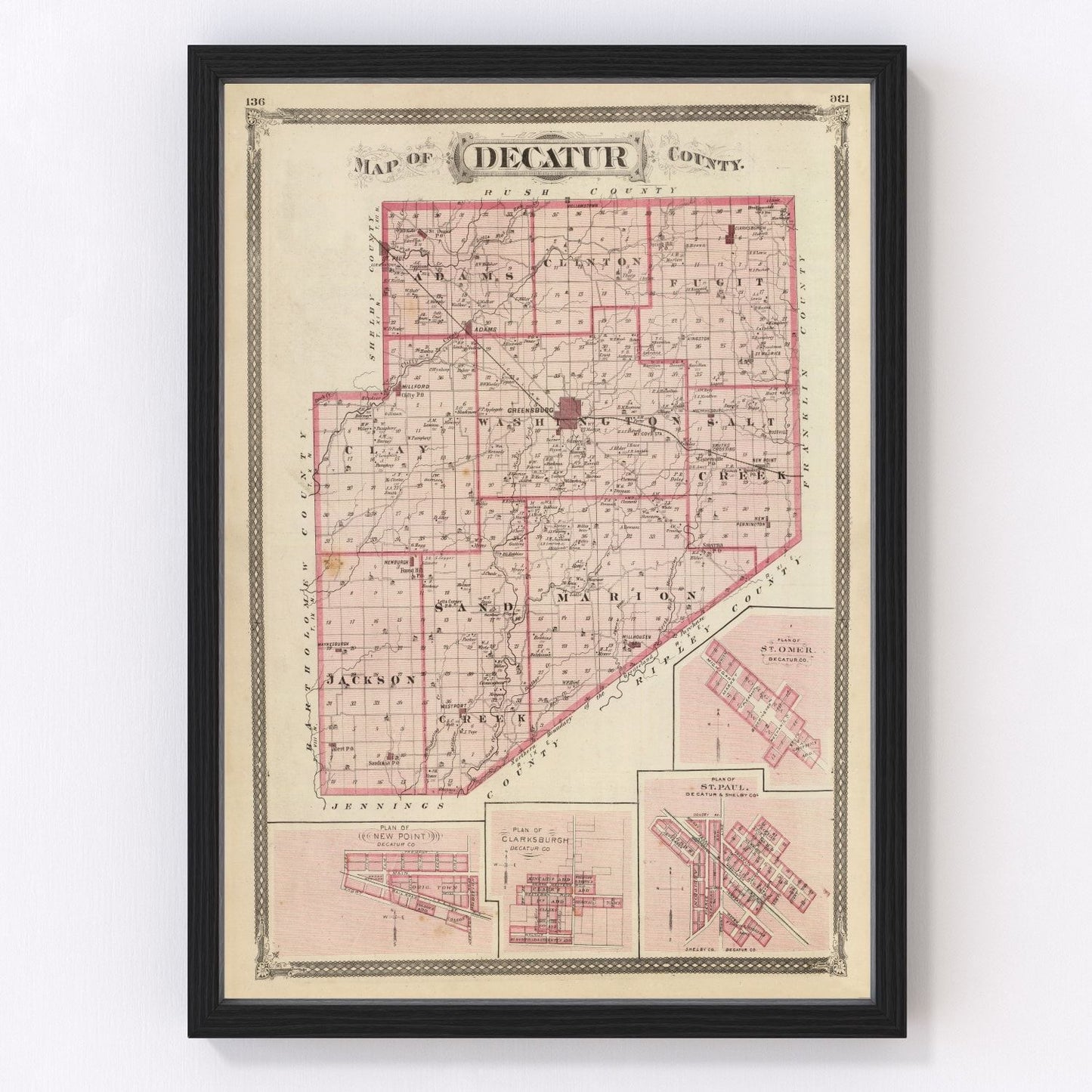 Vintage map of Decatur County, Indiana, 1876