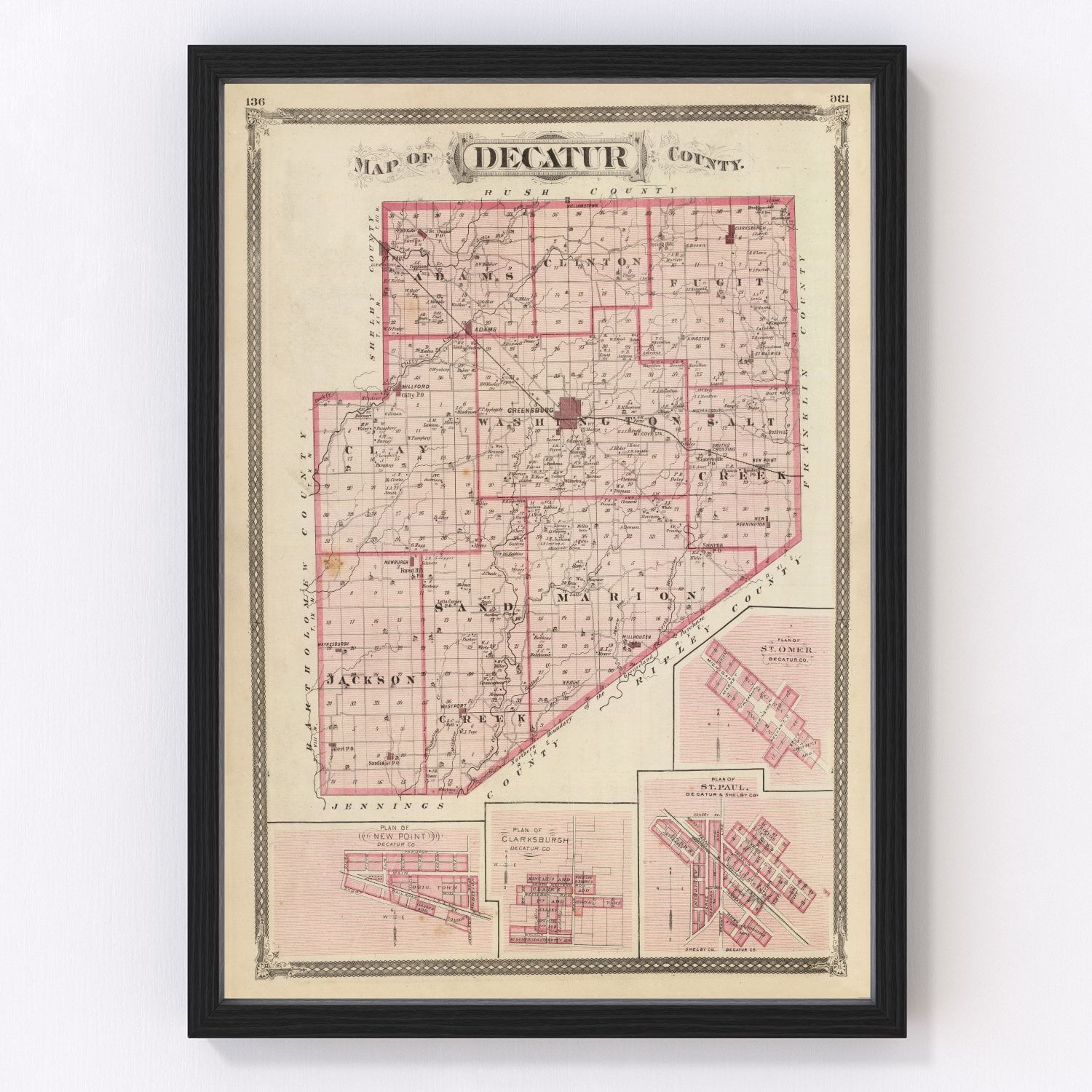 Vintage map of Decatur County, Indiana, 1876