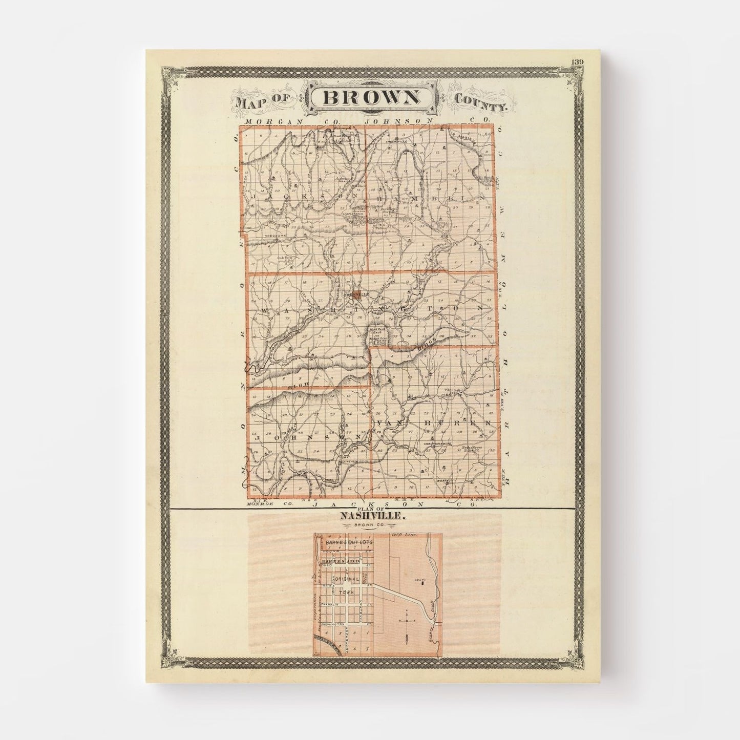 Vintage Map of Brown County, Indiana 1876 Wall Art