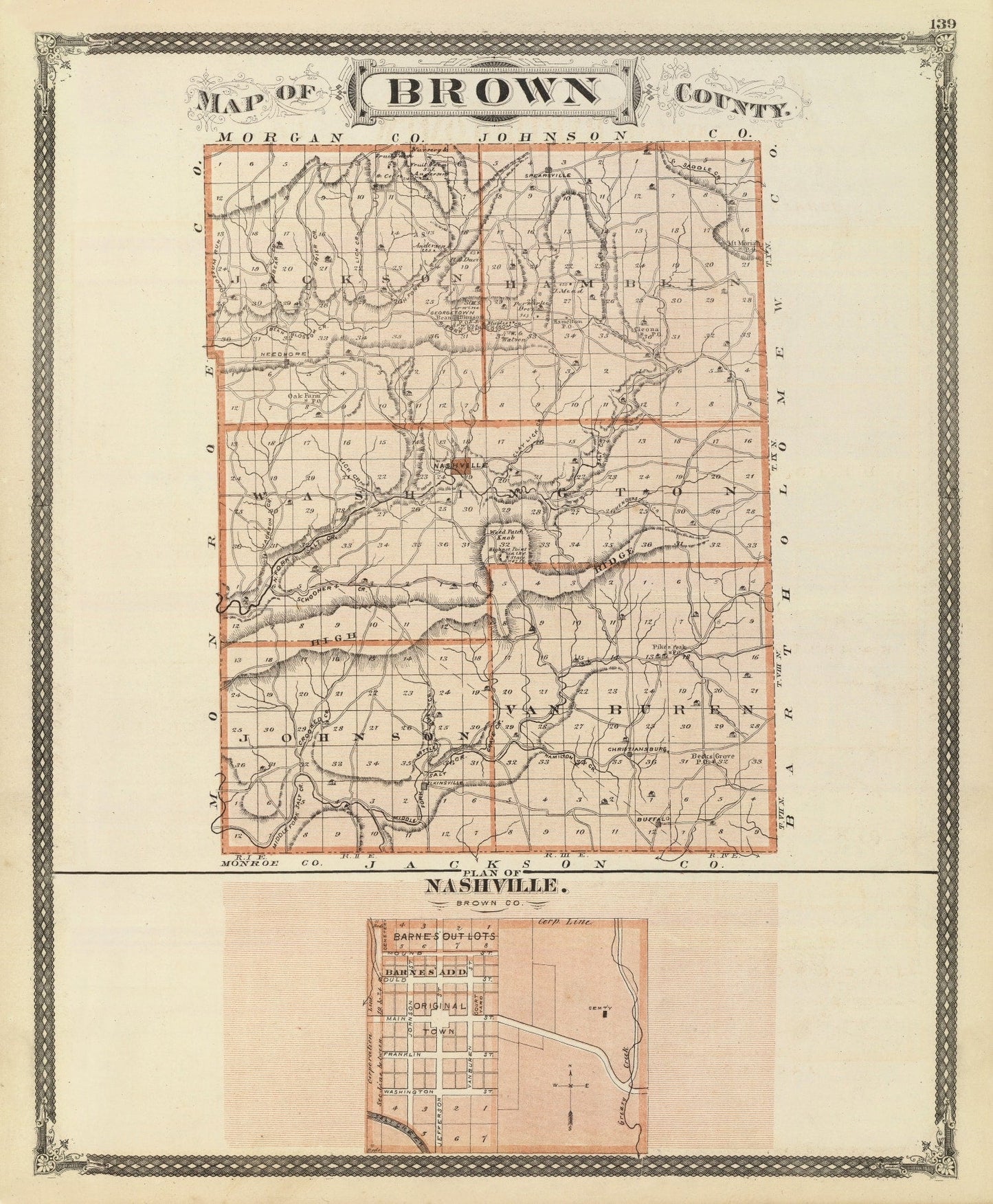 Vintage Map of Brown County, Indiana 1876 Wall Art