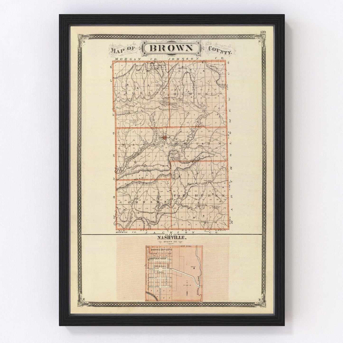 Vintage map of Brown County, Indiana, 1876 - digitally restored cartographic print