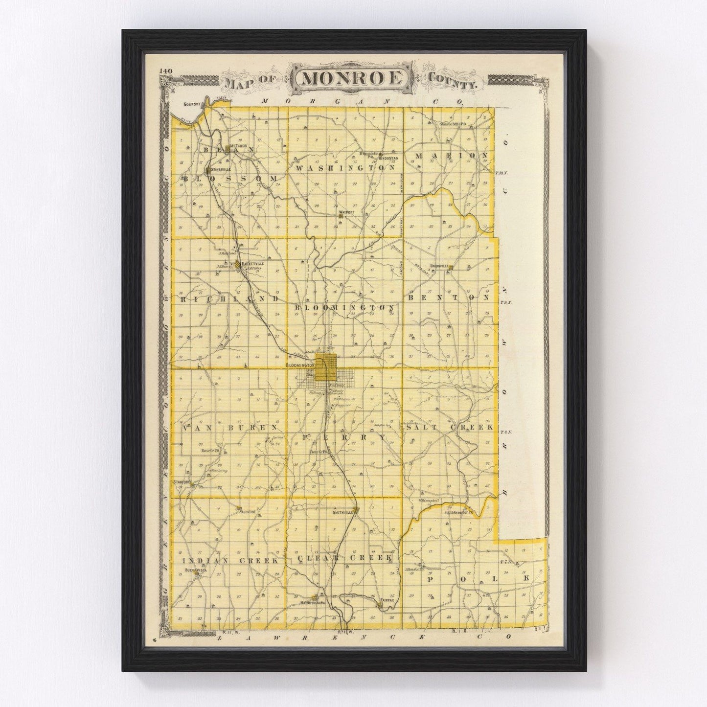 Vintage map of Monroe County, Indiana, 1876