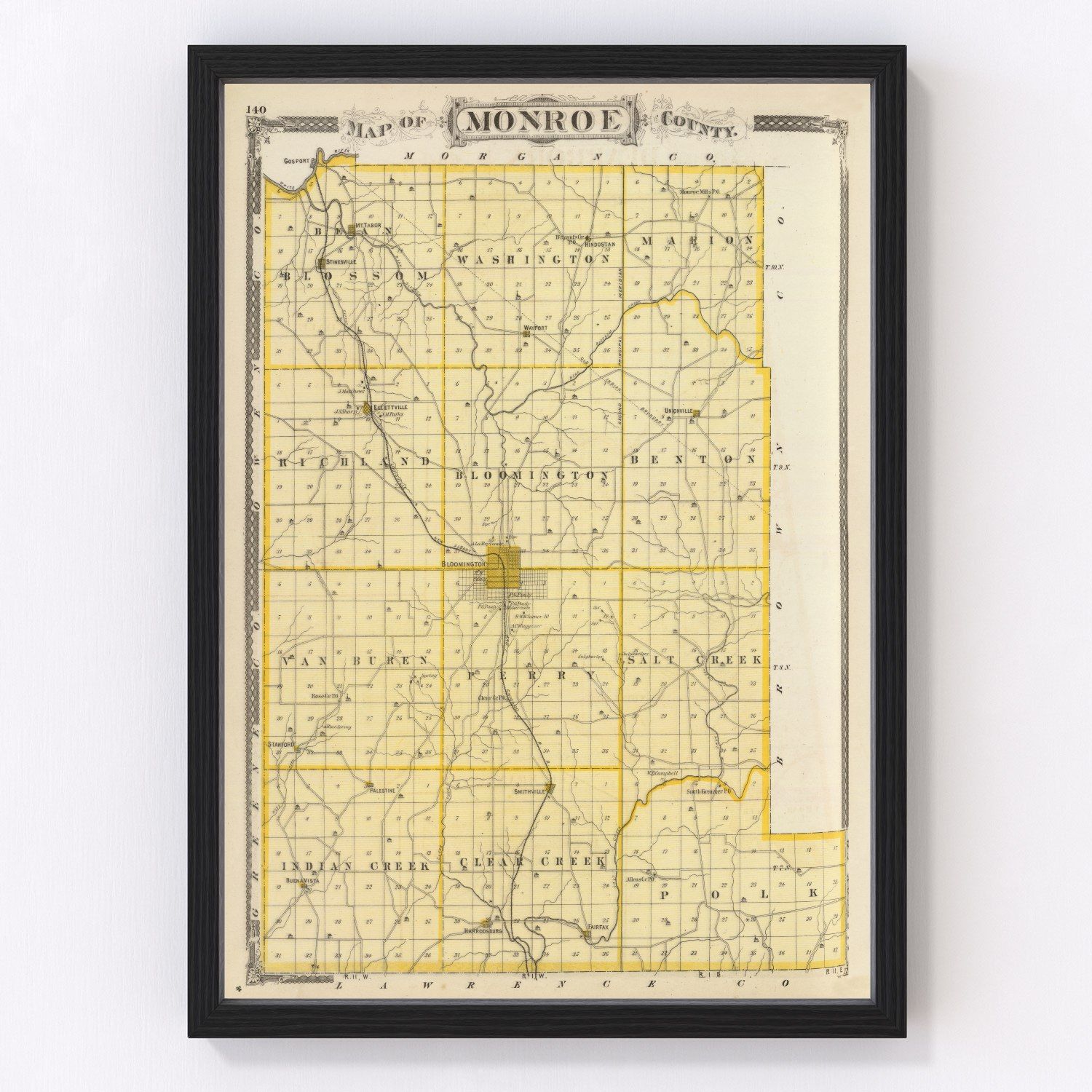 Vintage map of Monroe County, Indiana, 1876