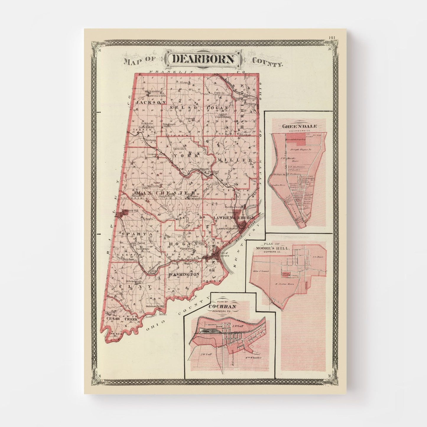 Vintage Map of Dearborn County, Indiana, 1876