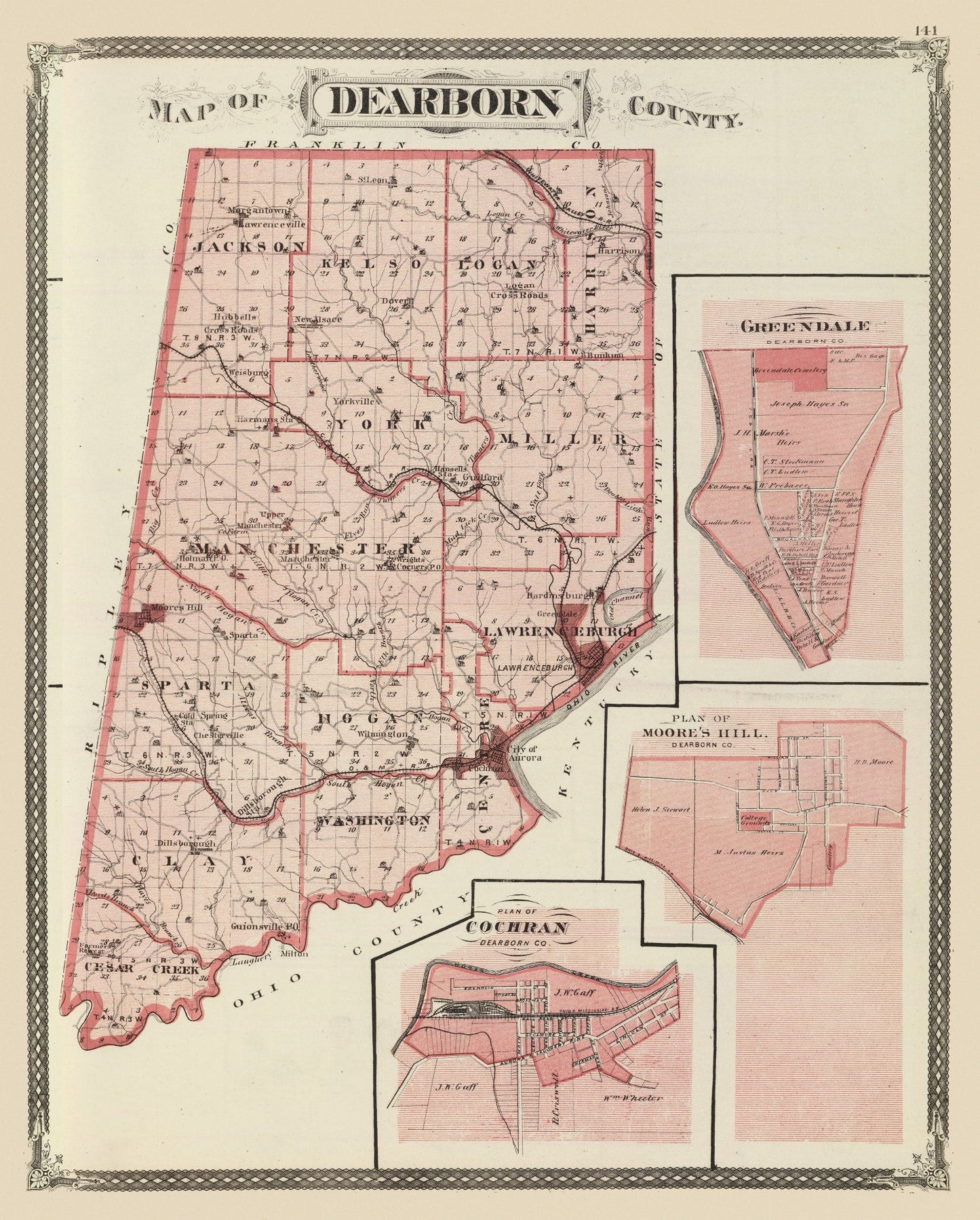 Vintage Map of Dearborn County, Indiana, 1876
