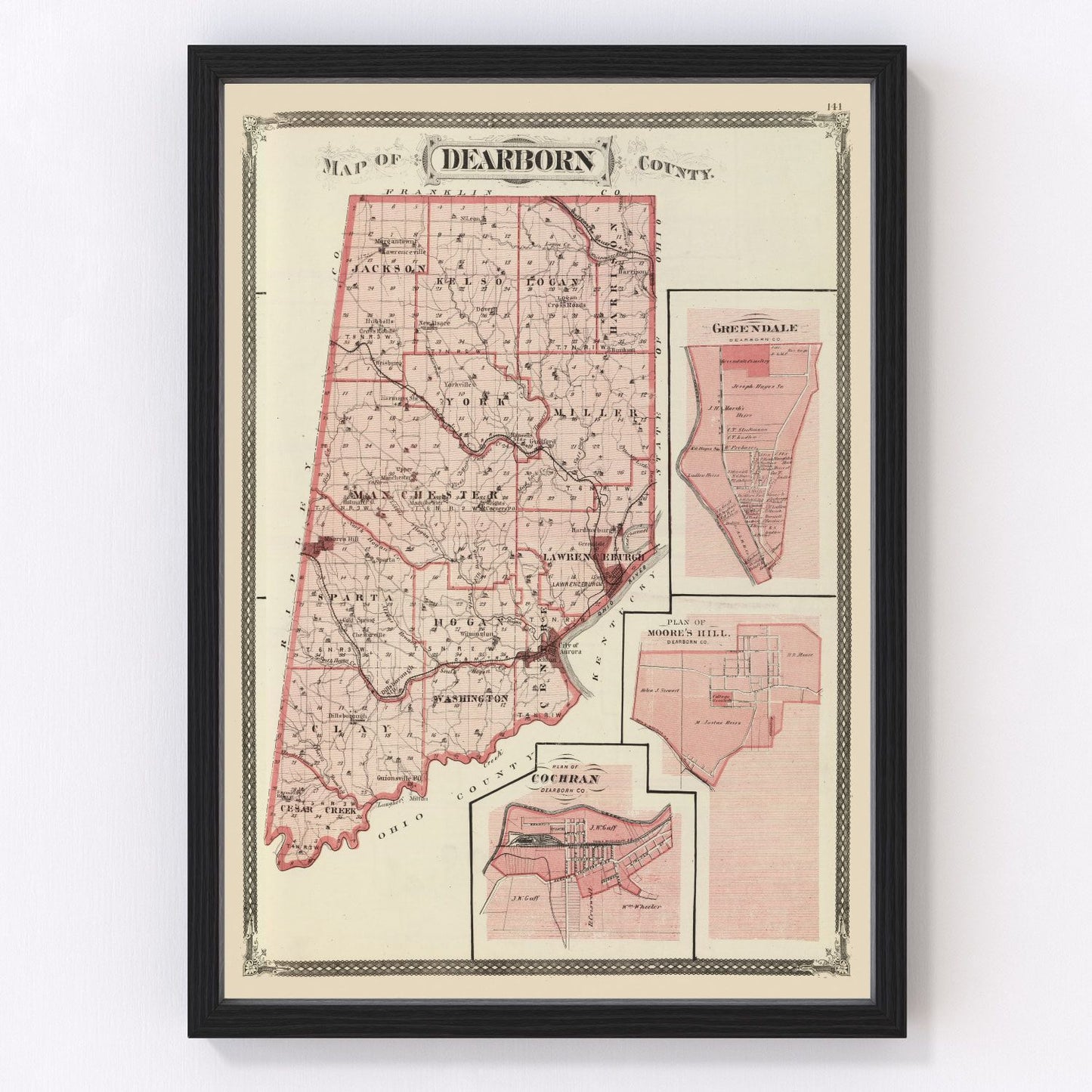 vintage map of Dearborn County, Indiana, 1876