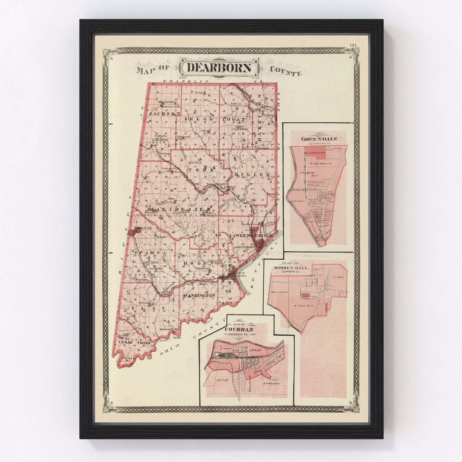 vintage map of Dearborn County, Indiana, 1876