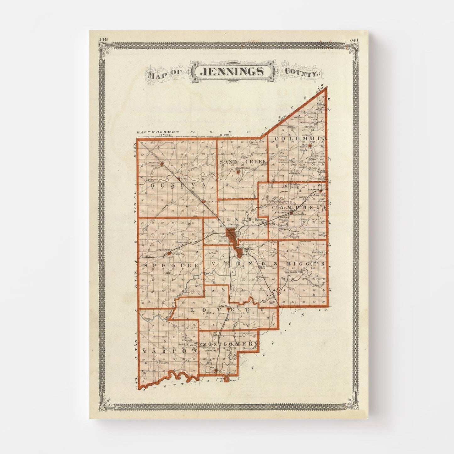 Vintage Map of Jennings County, Indiana, 1876