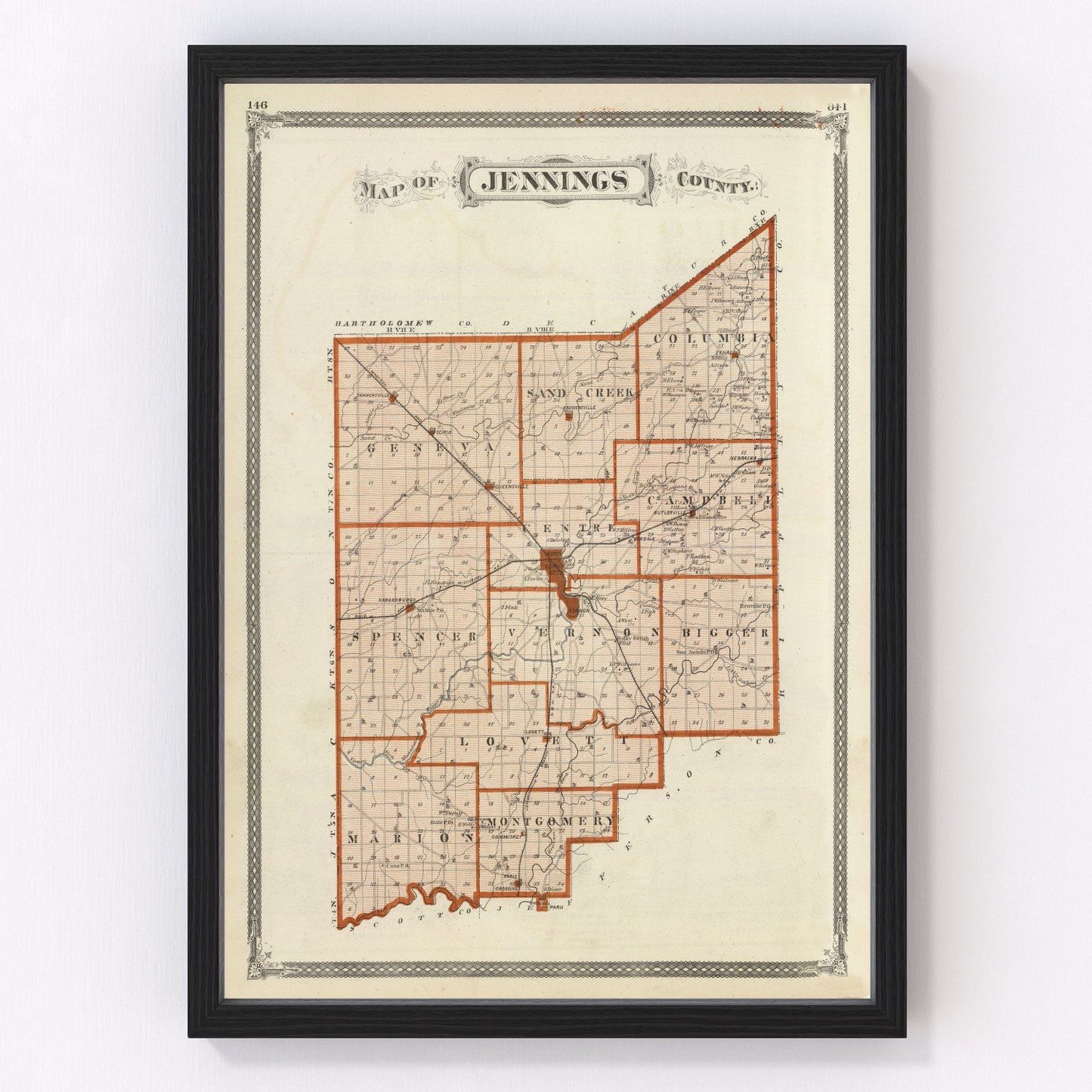 Vintage map of Jennings County, Indiana, 1876