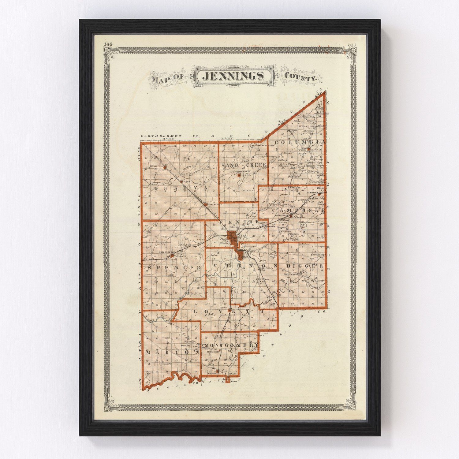 Vintage map of Jennings County, Indiana, 1876