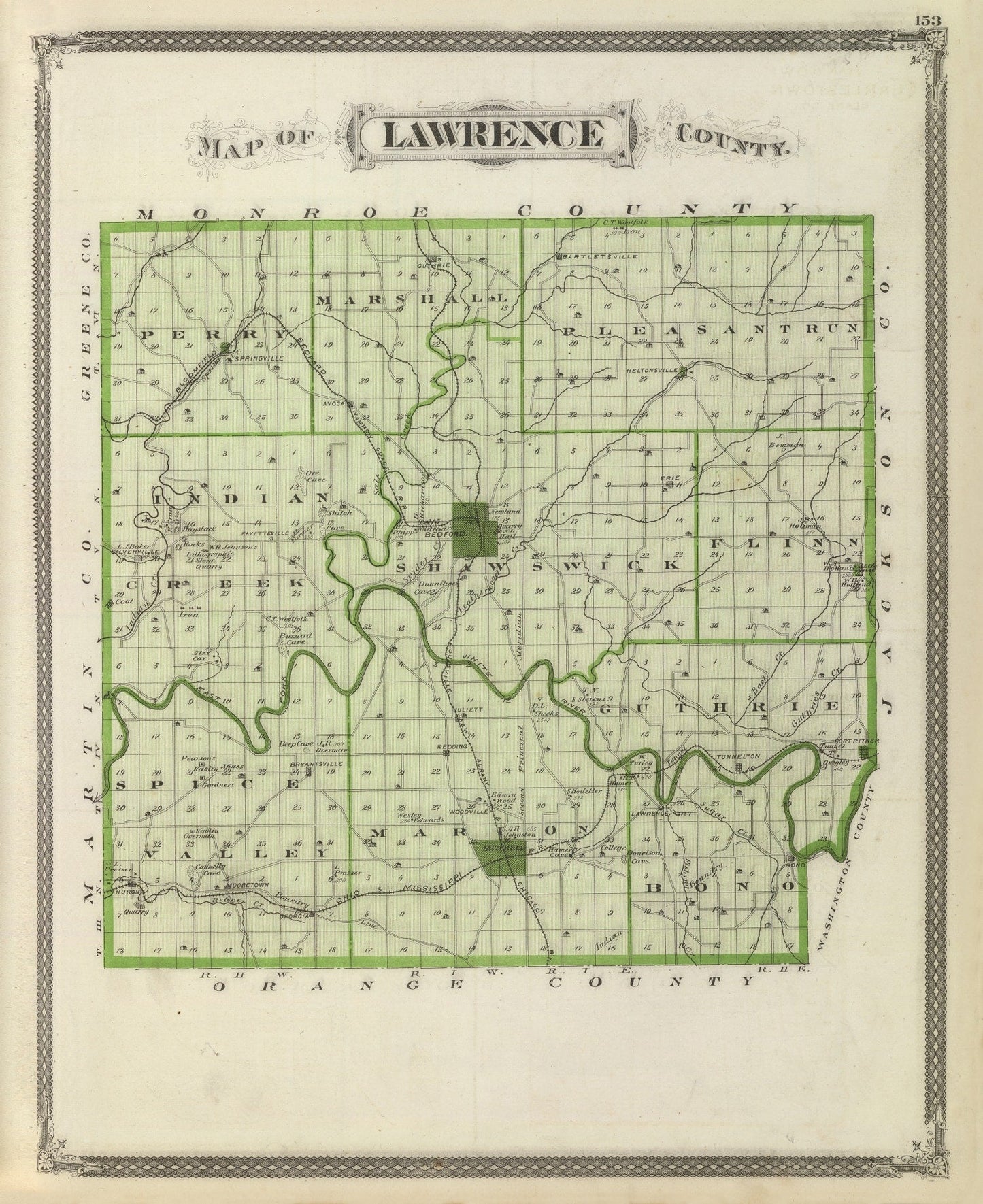 Vintage Map of Lawrence County, Indiana, 1876