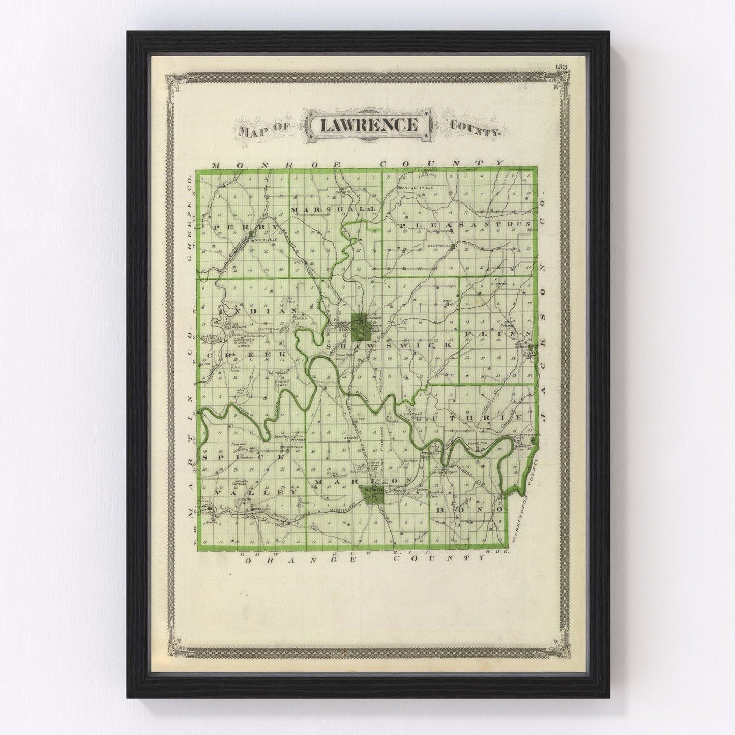 Vintage map of Lawrence County, Indiana, 1876