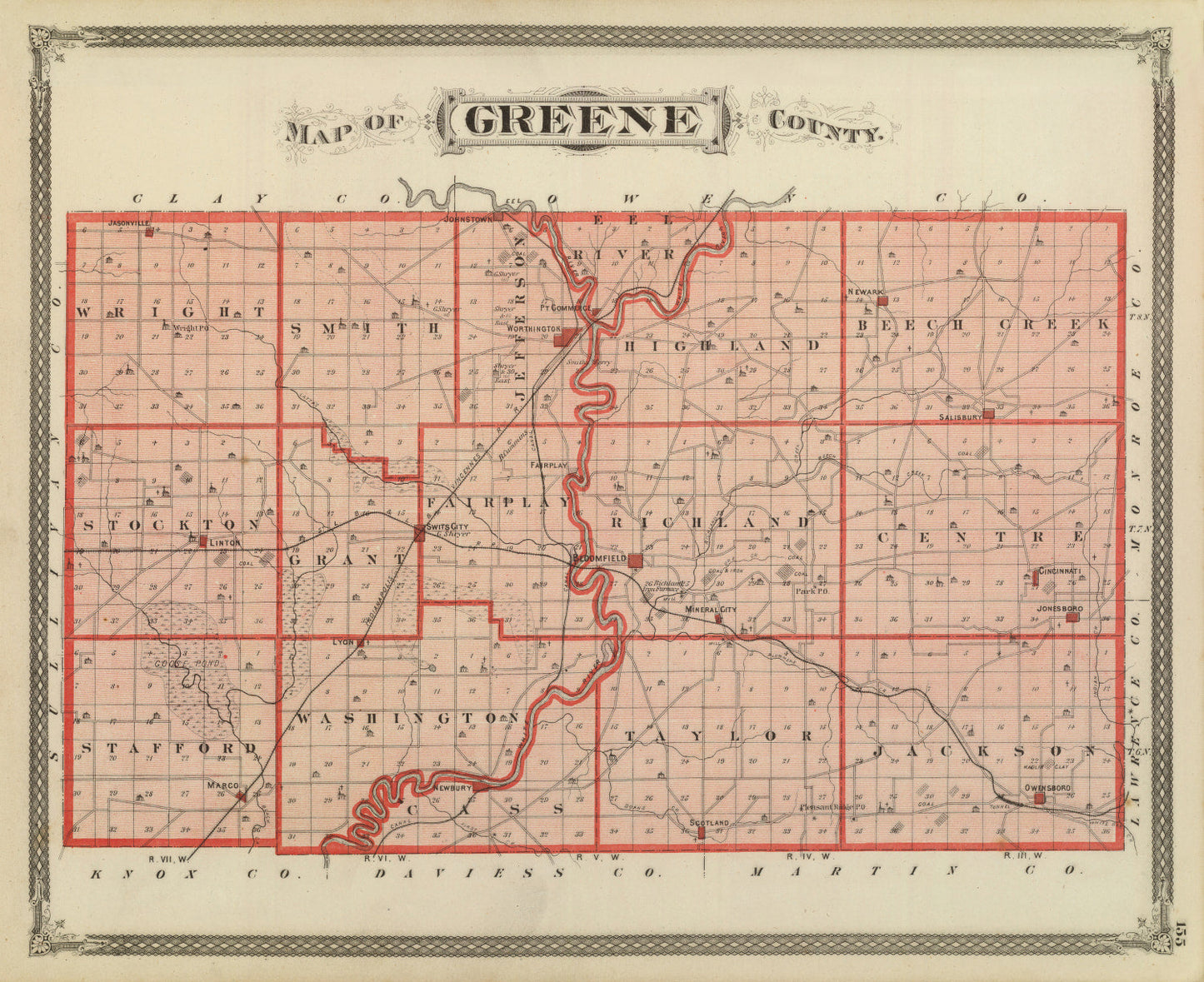 Vintage Map of Greene County, Indiana, 1876