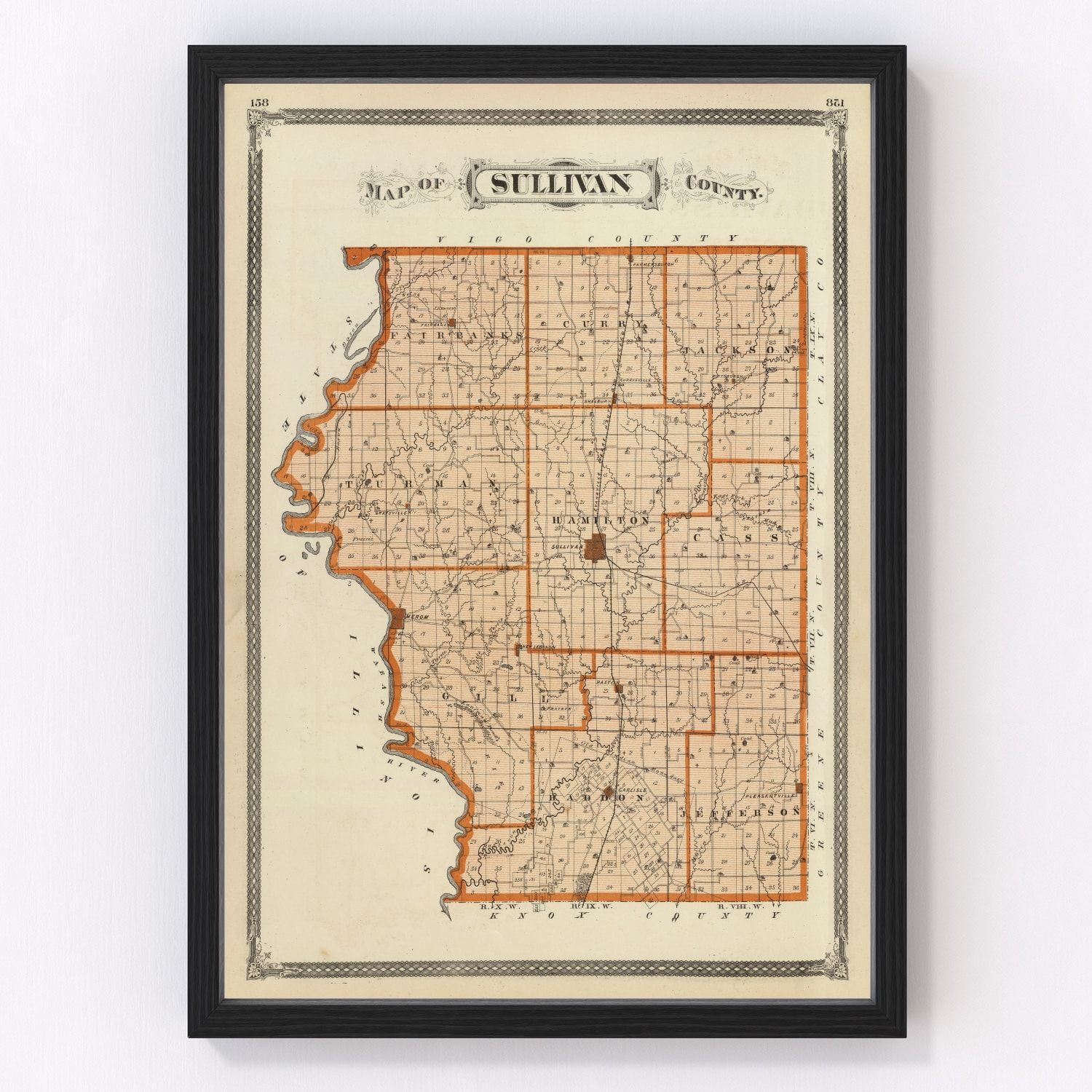 Vintage map of Sullivan County, Indiana, 1876