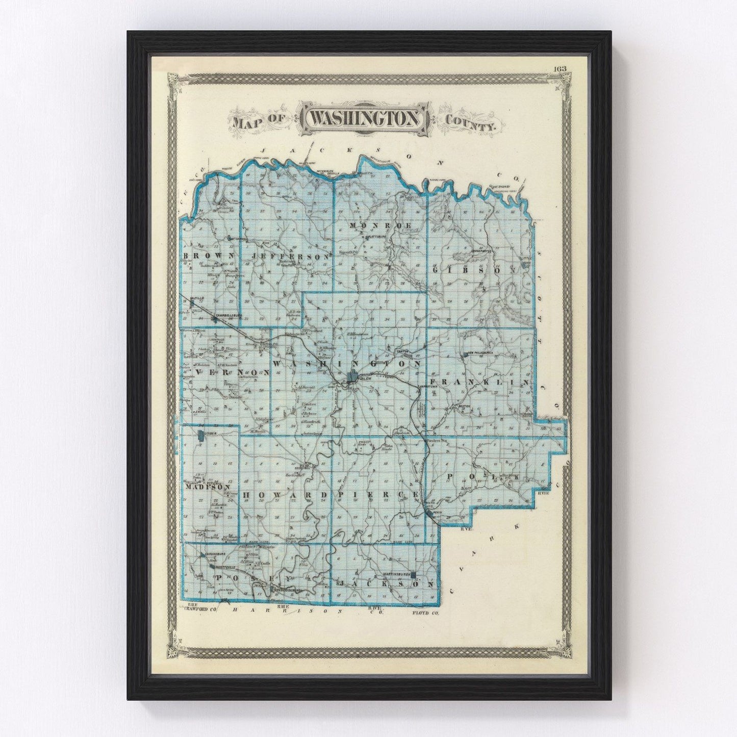 Vintage map of Washington County, Indiana, 1876, showing Centennial-era townships and landowners