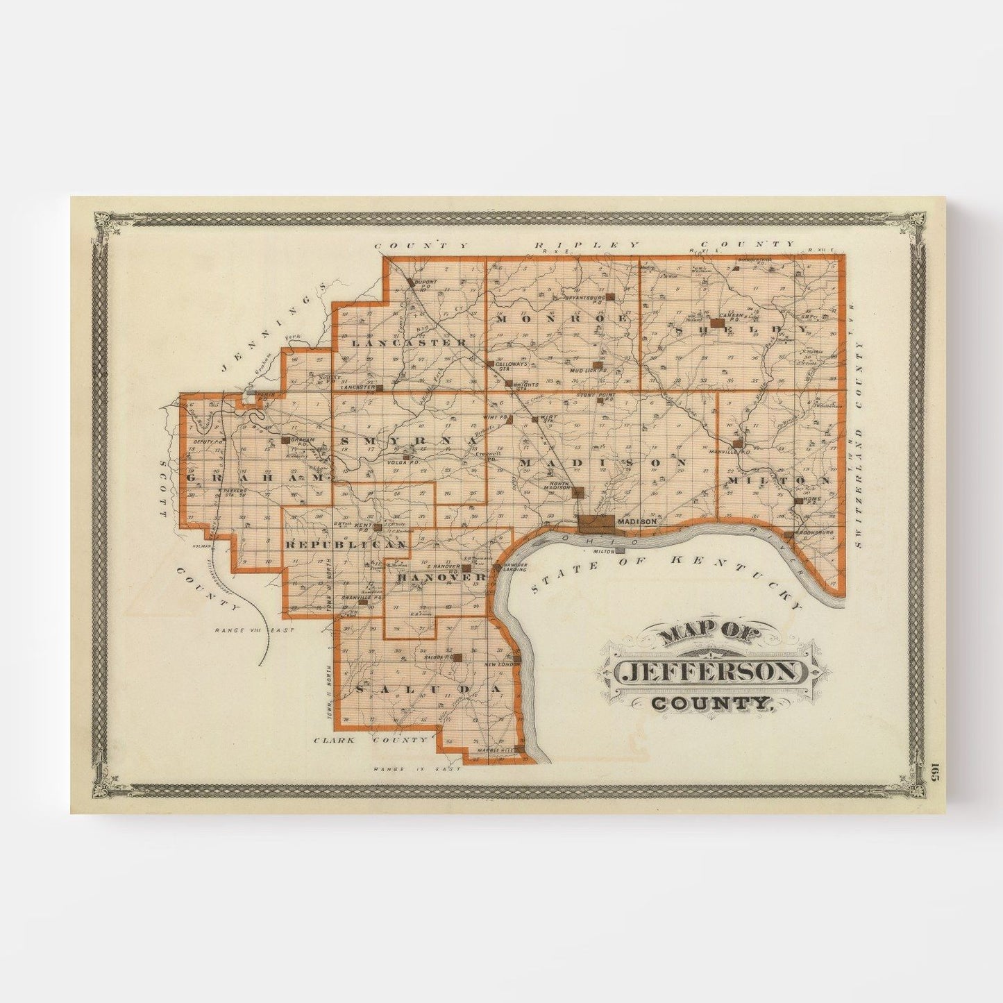 Vintage Map of Jefferson County, Indiana, 1876
