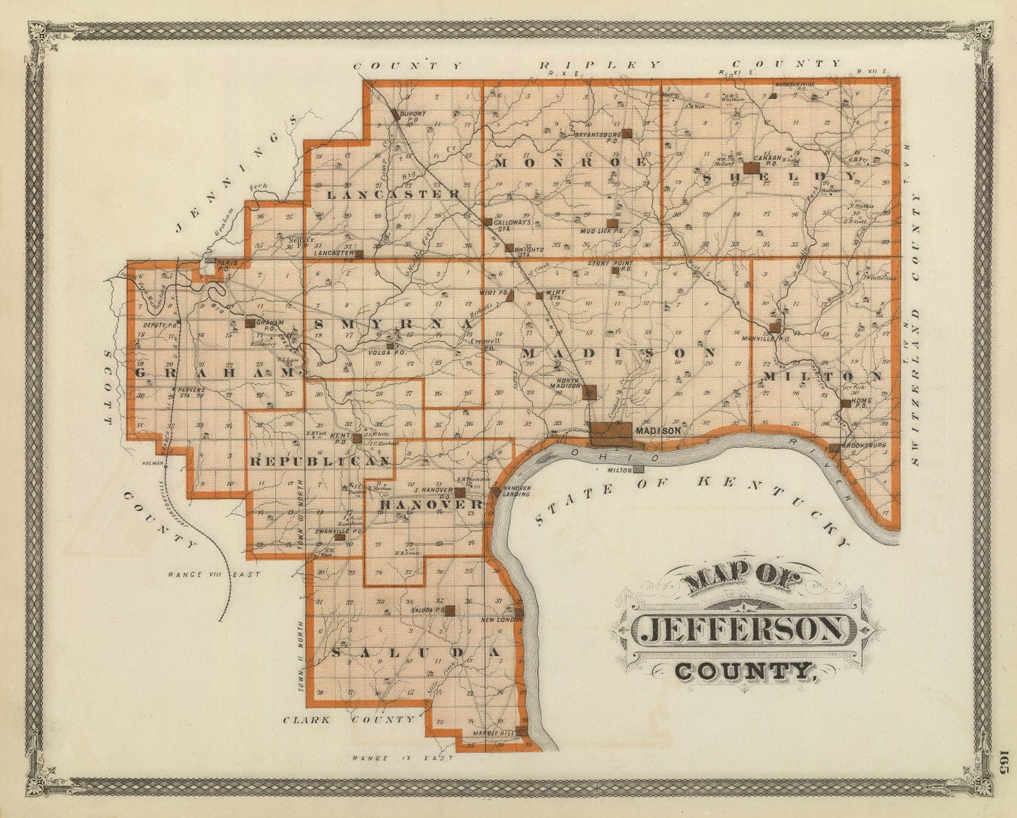Vintage Map of Jefferson County, Indiana, 1876
