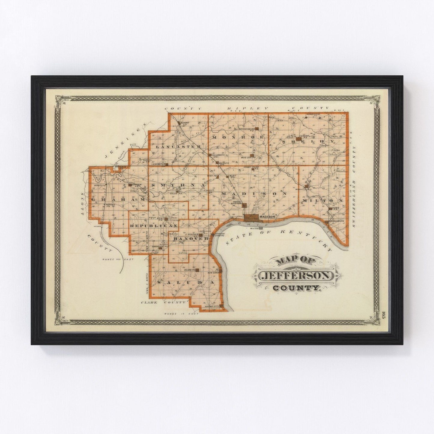 Vintage map of Jefferson County, Indiana, 1876