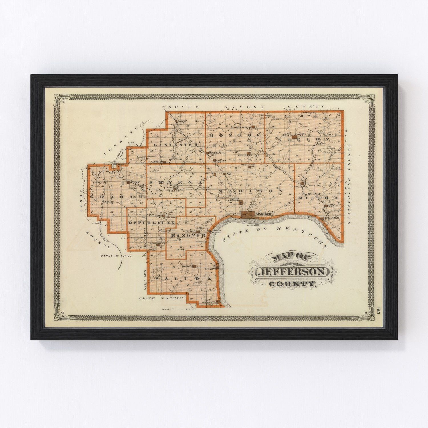 Vintage map of Jefferson County, Indiana, 1876