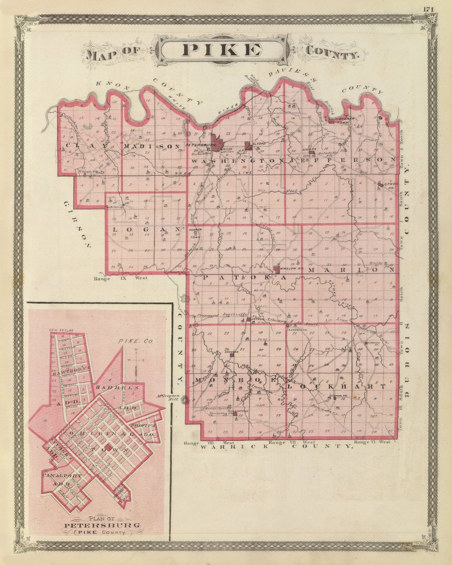 Vintage Map of Pike County, Indiana, 1876