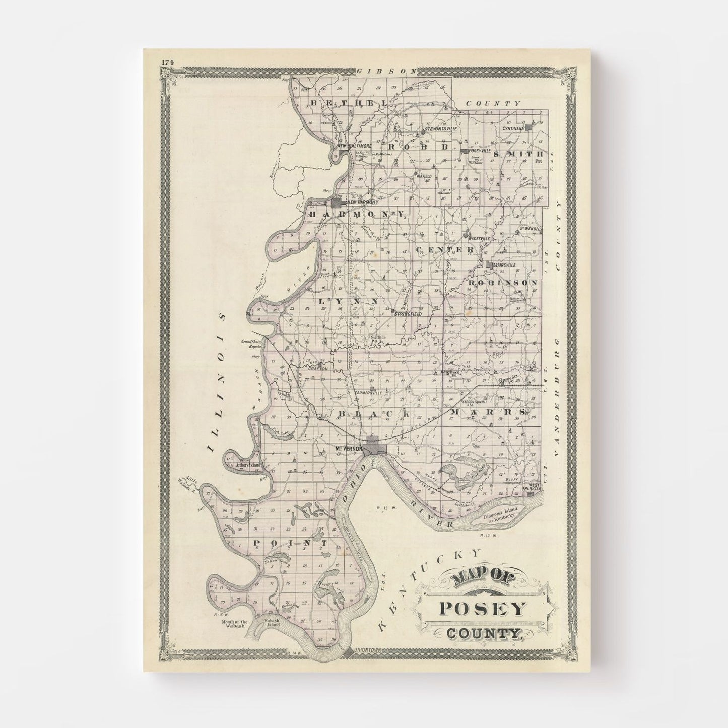 Vintage Map of Posey County, Indiana, 1876