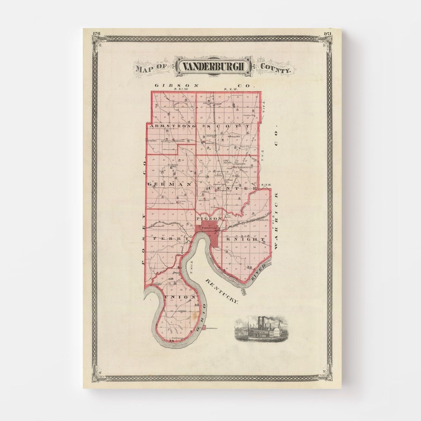 Vintage Map of Vanderburgh County, Indiana, 1876