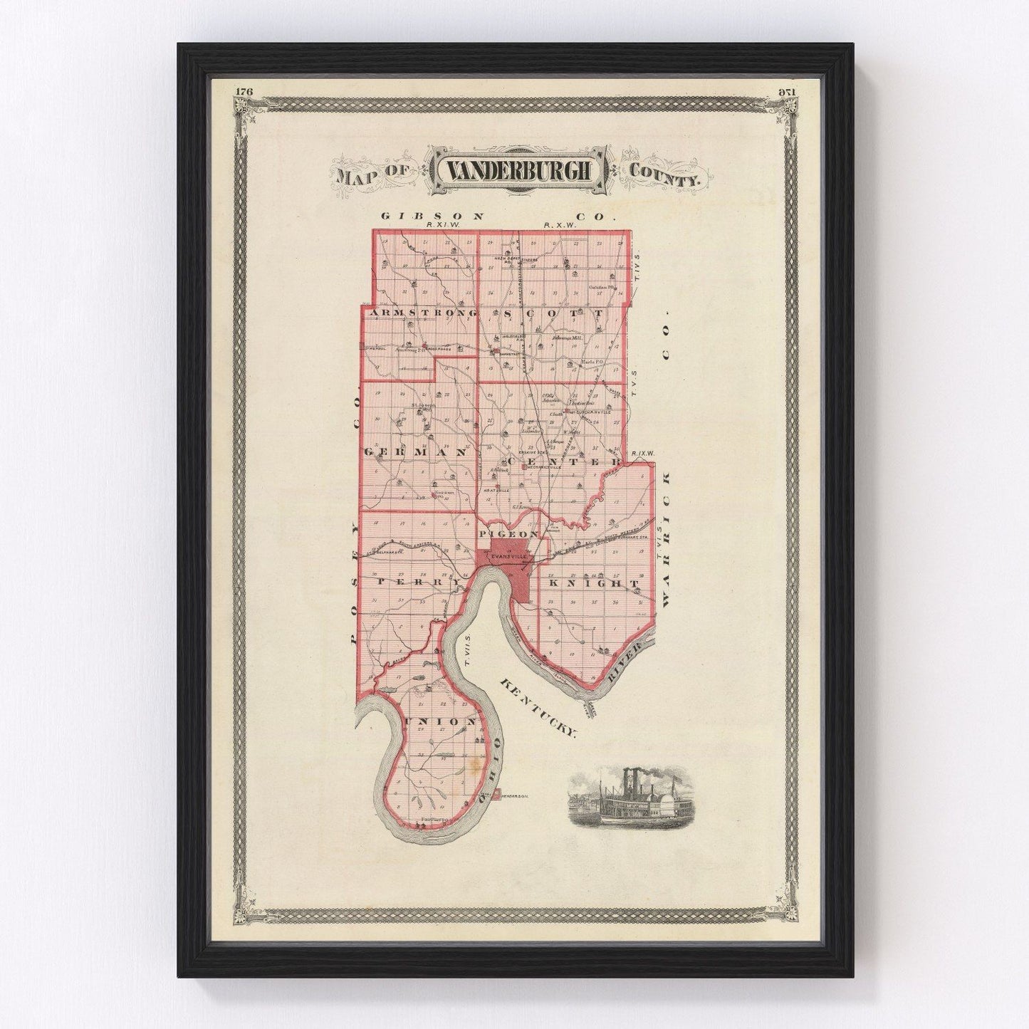 Vintage map of Vanderburgh County, Indiana, 1876