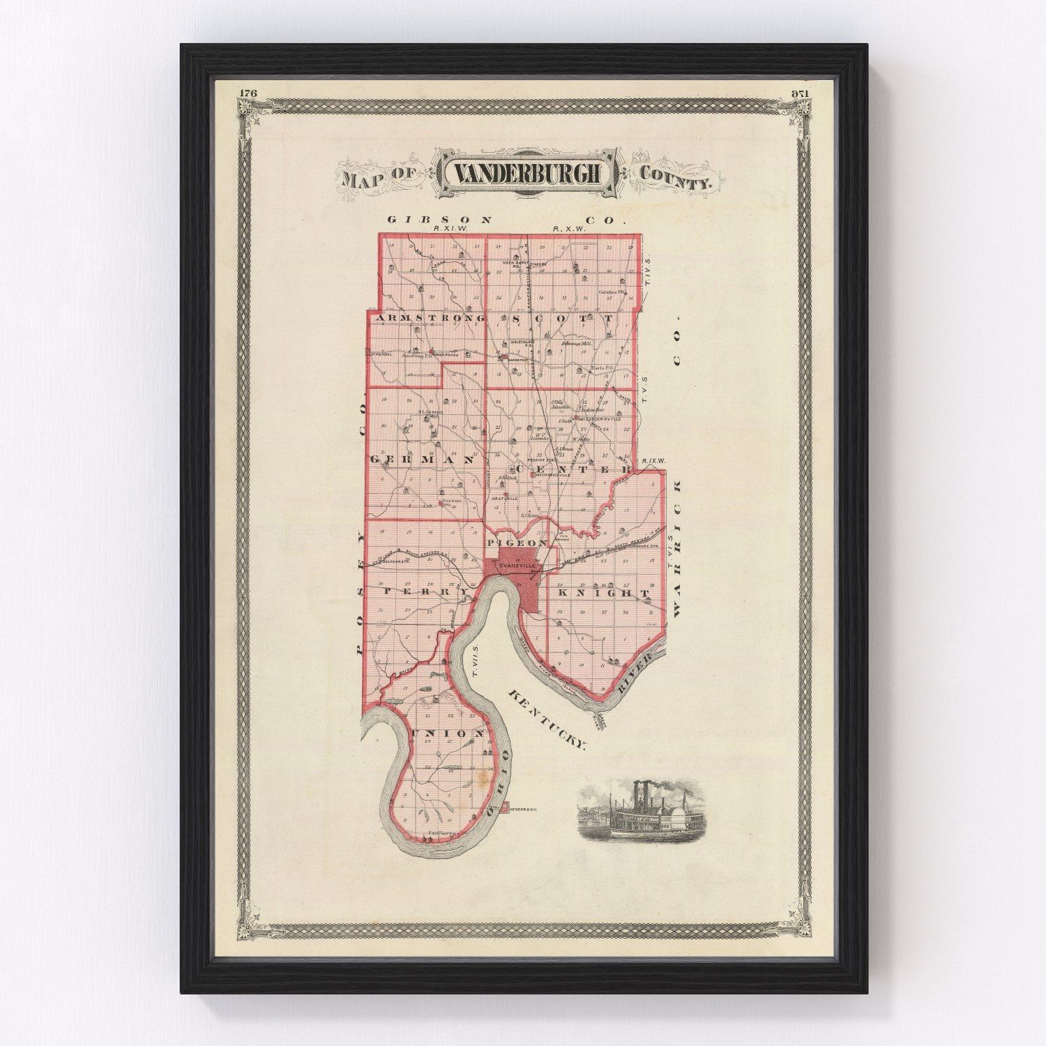 Vintage map of Vanderburgh County, Indiana, 1876