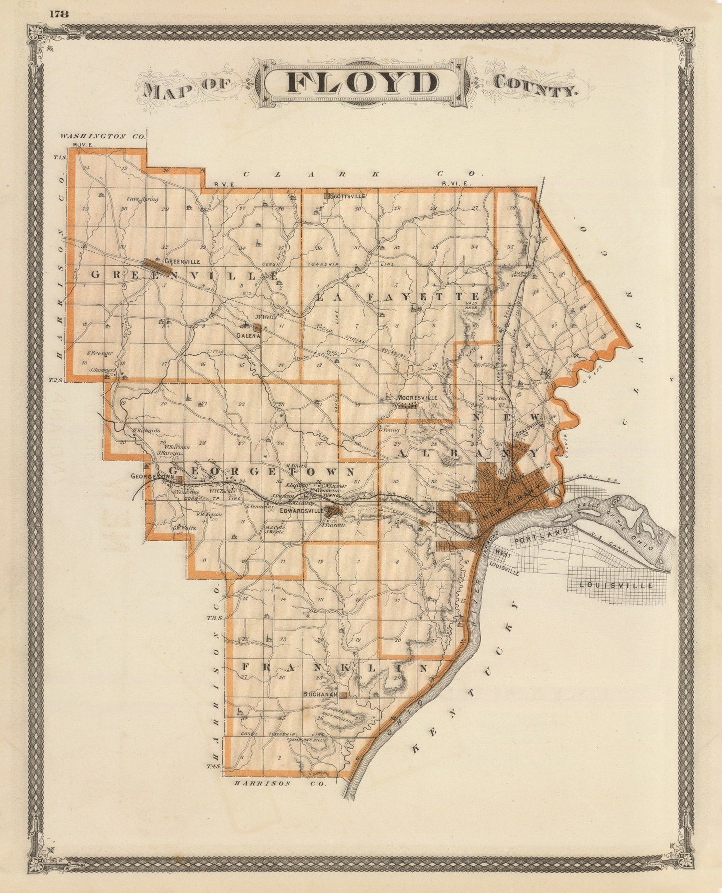 Vintage Map of Floyd County, Indiana, 1876
