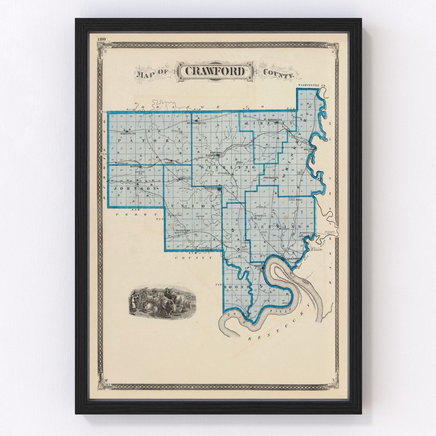 Vintage restored map of Crawford County, Indiana, 1876, centennial-era southern Indiana