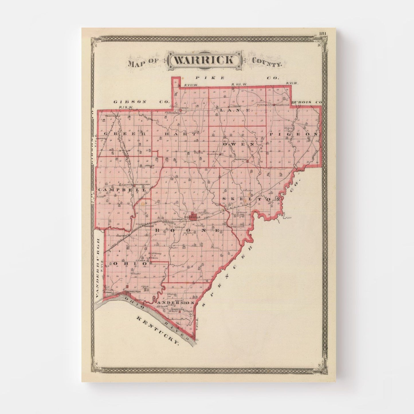 Vintage Map of Warrick County, Indiana, 1876
