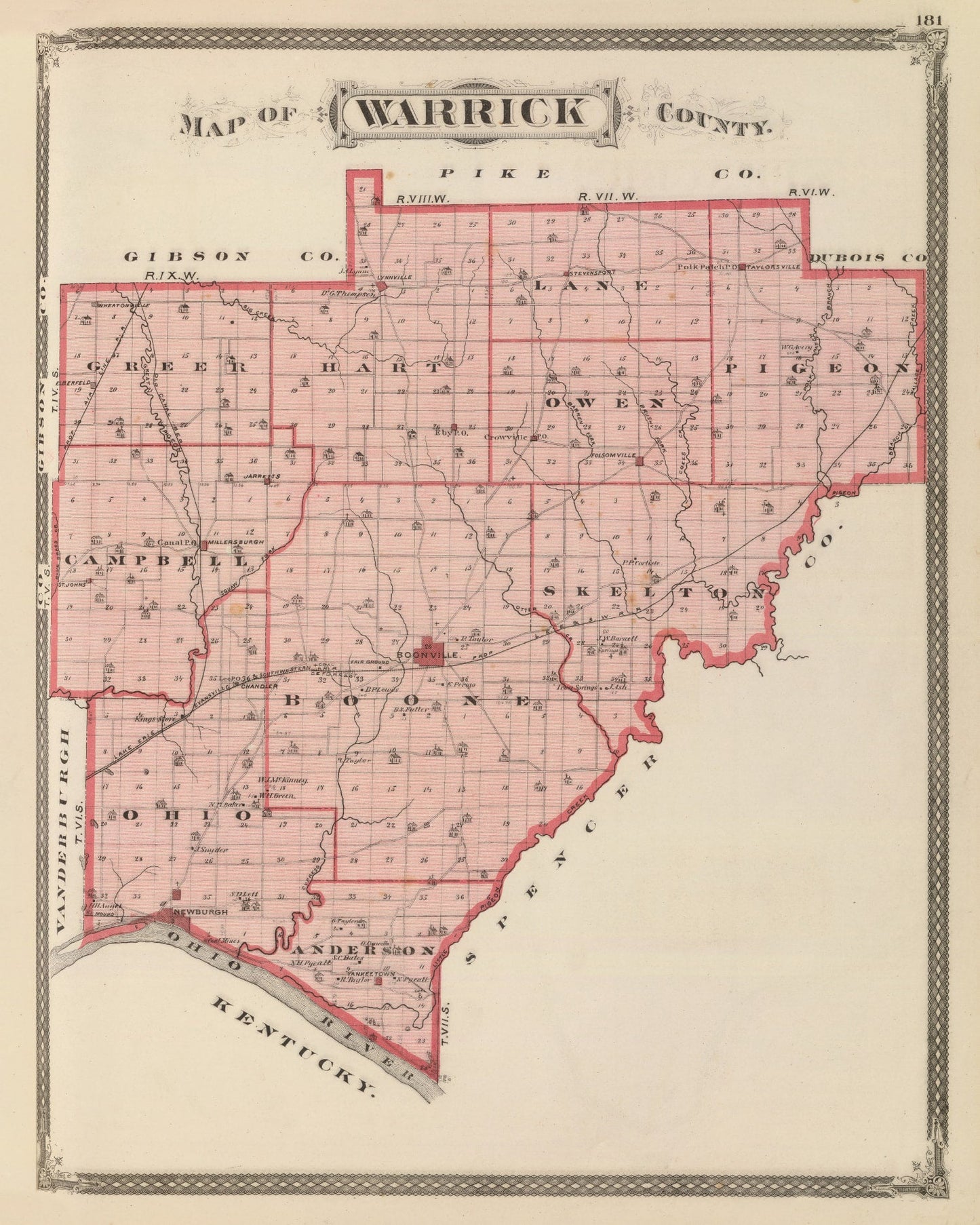 Vintage Map of Warrick County, Indiana, 1876
