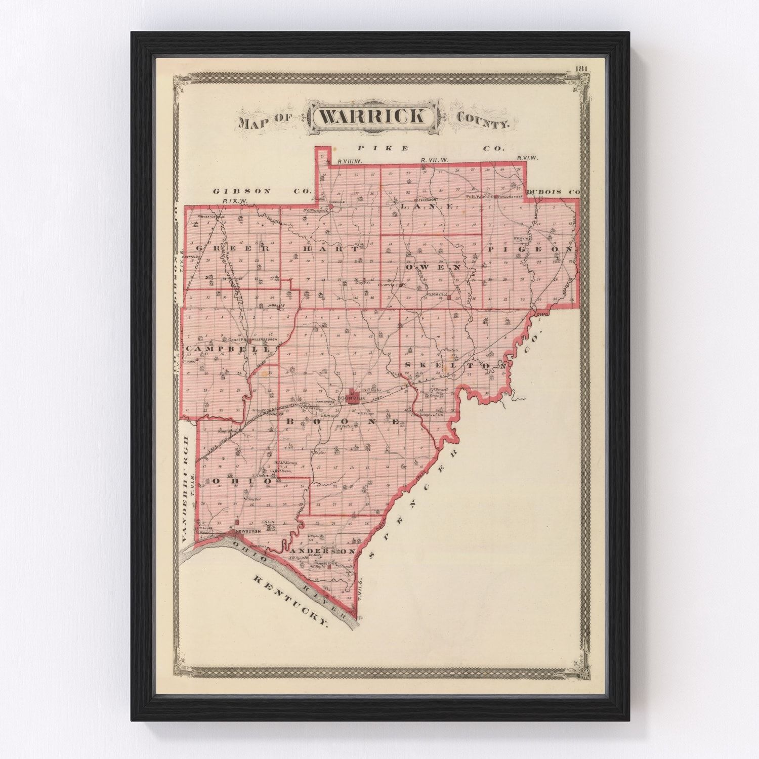 Vintage map of Warrick County, Indiana, 1876